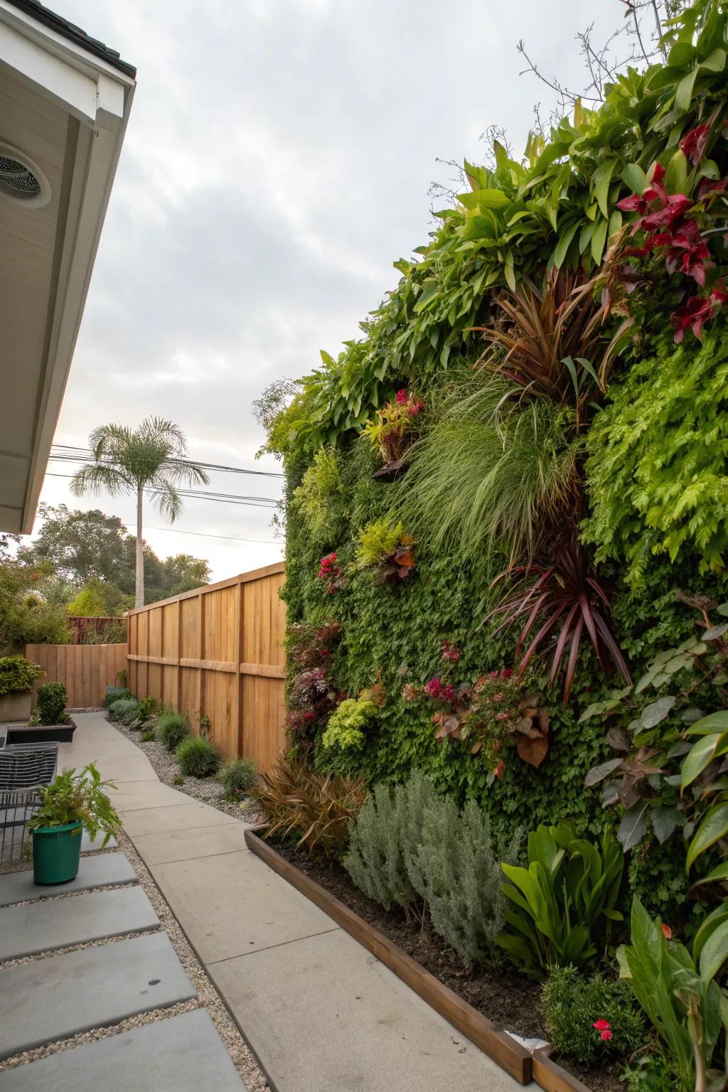 Verdant plant walls provide privacy while enhancing garden aesthetics.