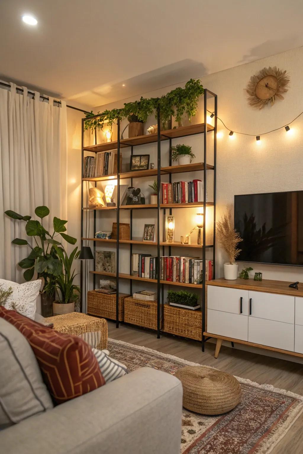 Practical shelves on a temporary wall offer stylish storage solutions.
