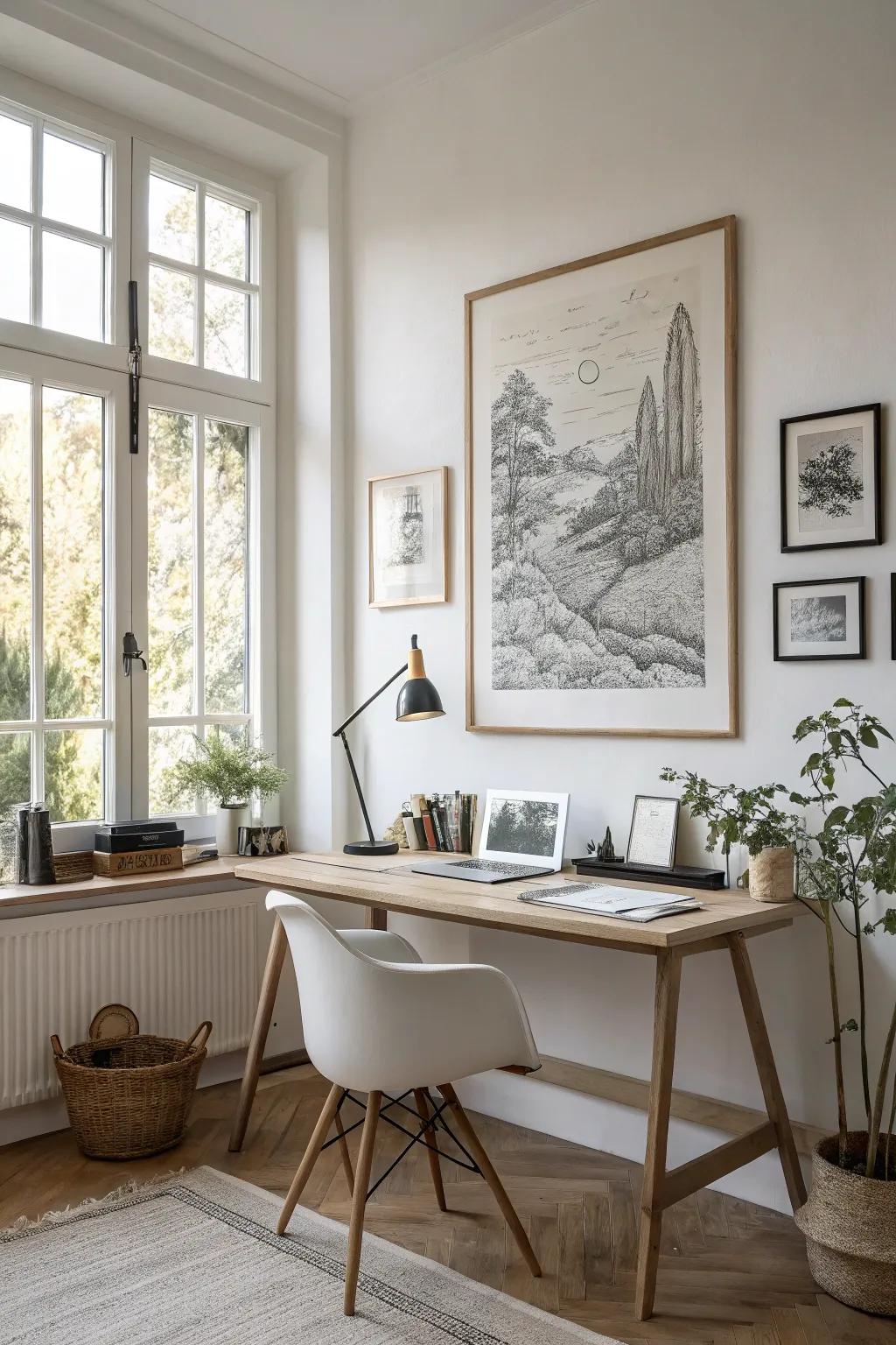 This minimalist office is made more elegant and detailed with a pen and ink textured drawing.