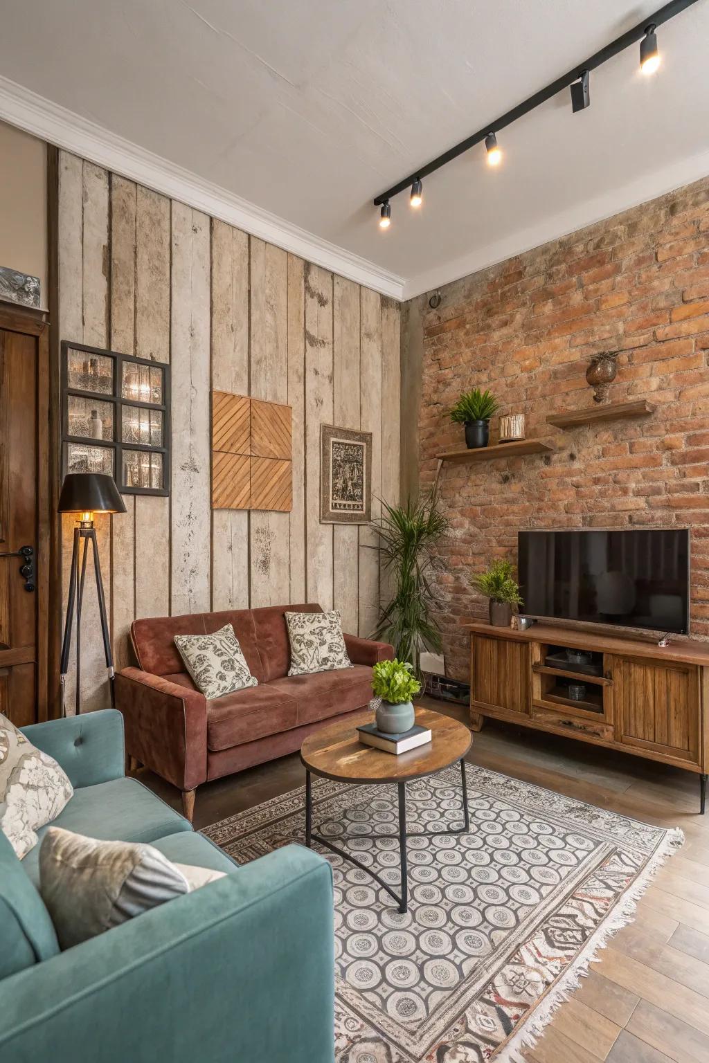 A vibrant living room showcasing an eclectic mix of textured walls.