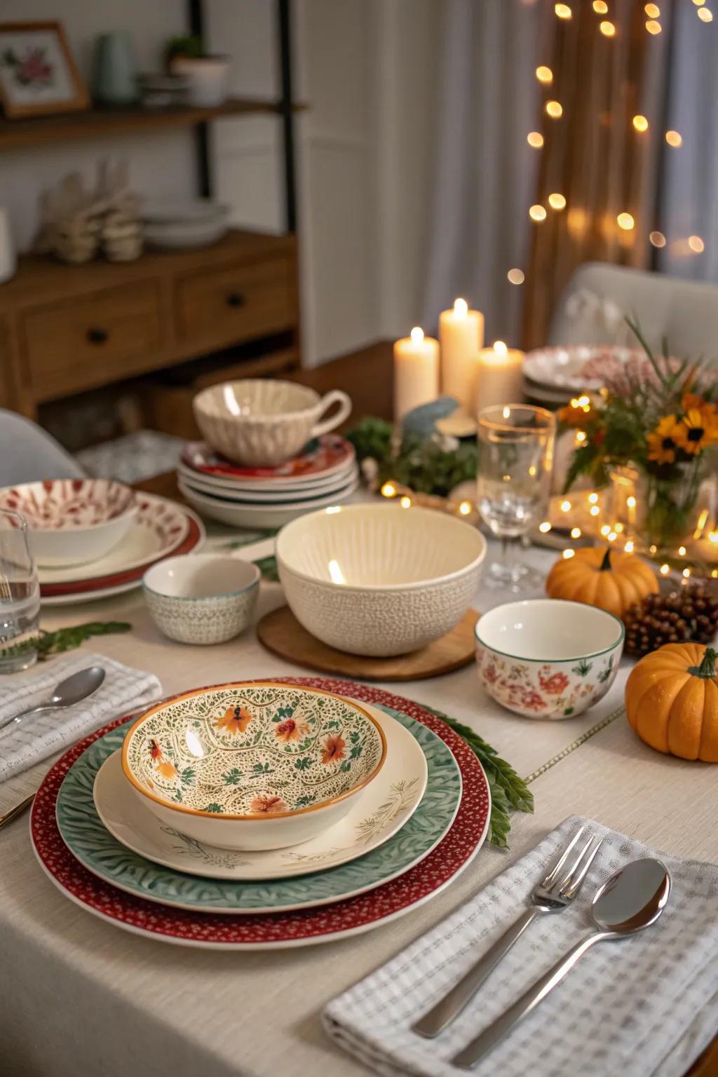 A mix of dinnerware fashions a unique and personal table setting.