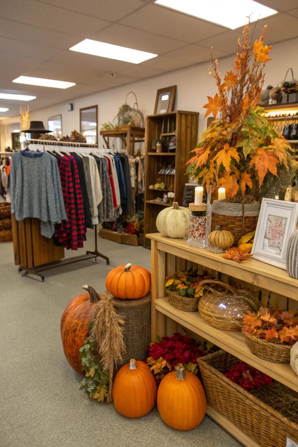 A seasonal presentation featuring autumn-themed thrift store ornamentation.