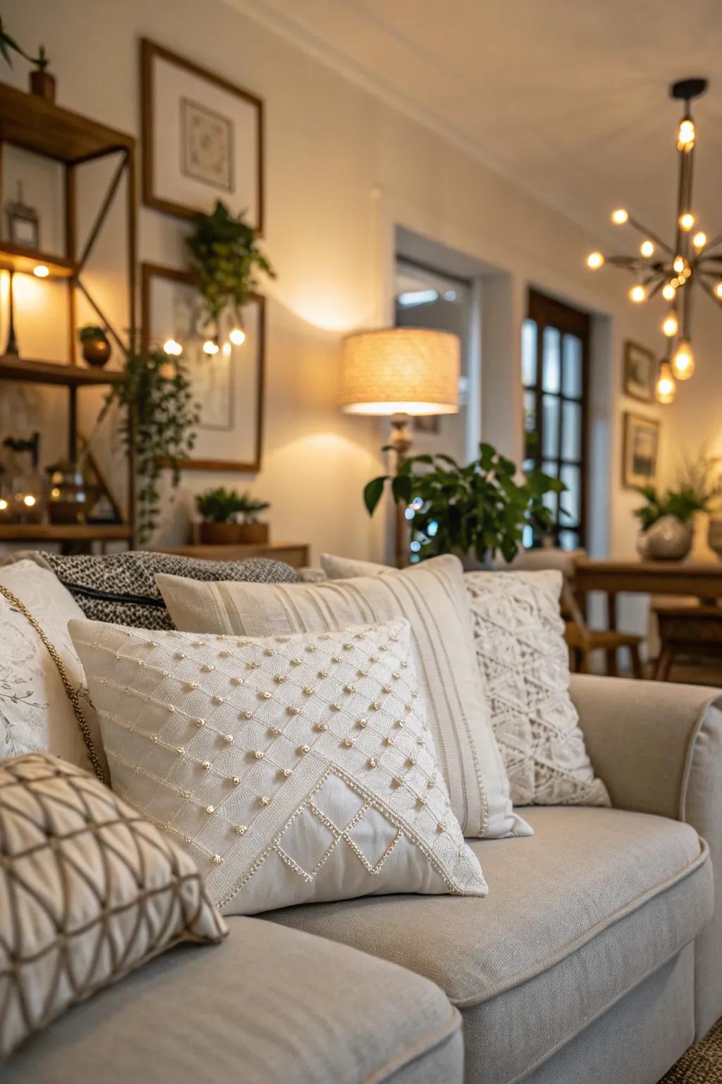 A chic and minimalist aesthetic with monochrome white cushions.