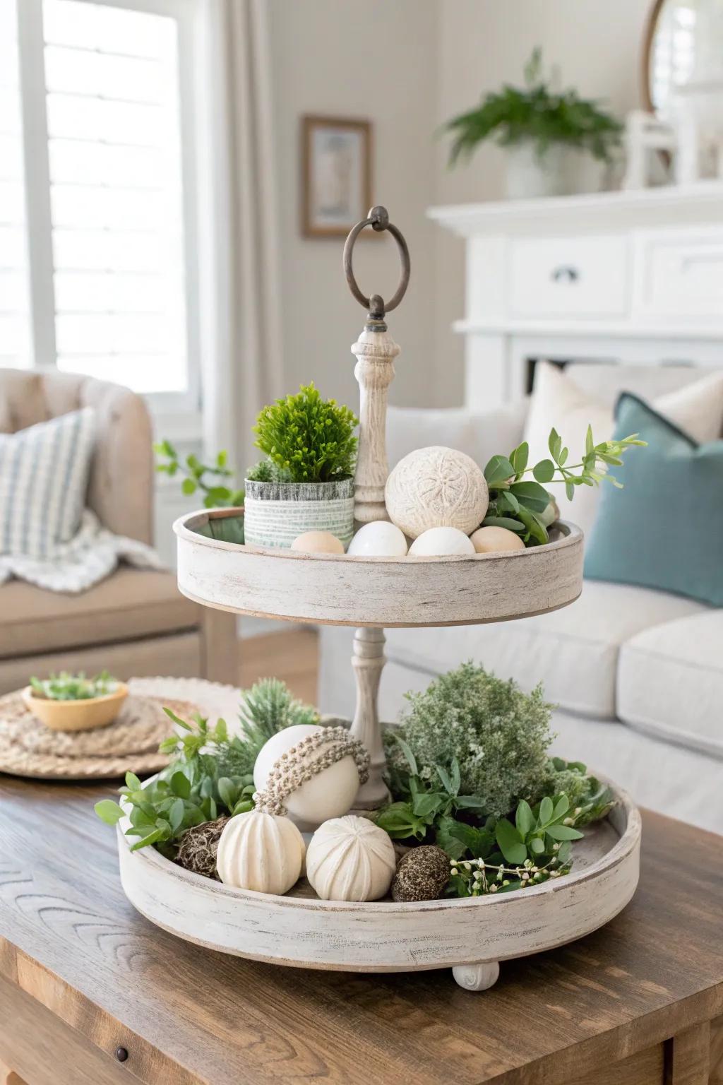 An everyday tiered tray is styled with elegance and simplicity.