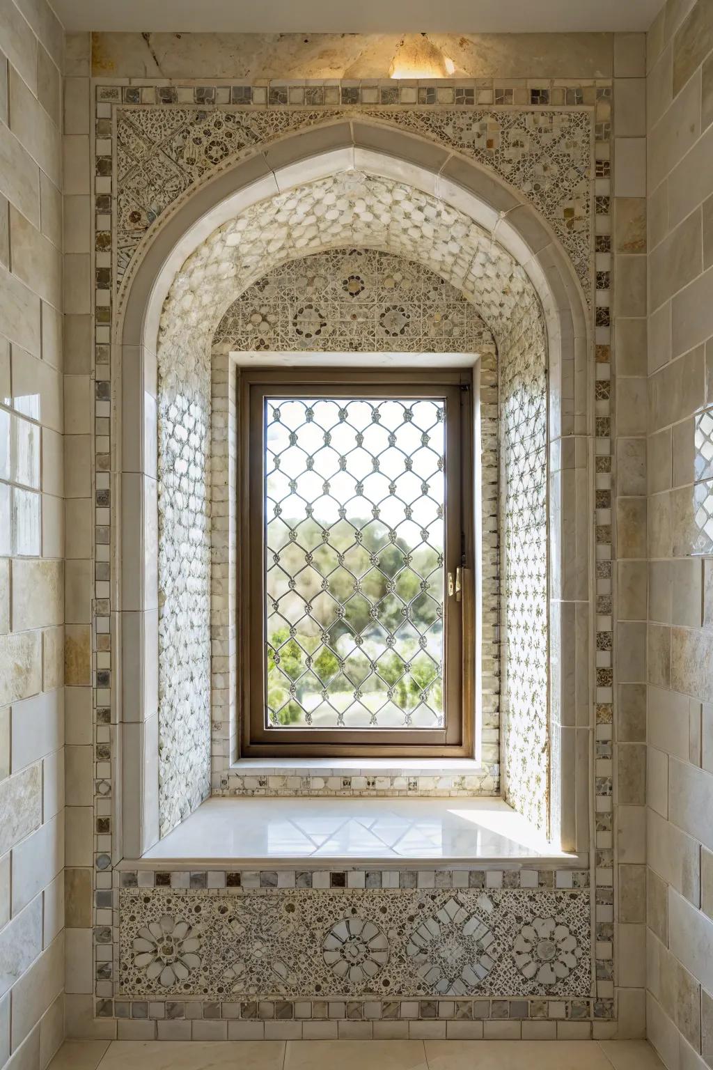 Consistent mosaic tiles provide a sleek and integrated aesthetic for this window recess.