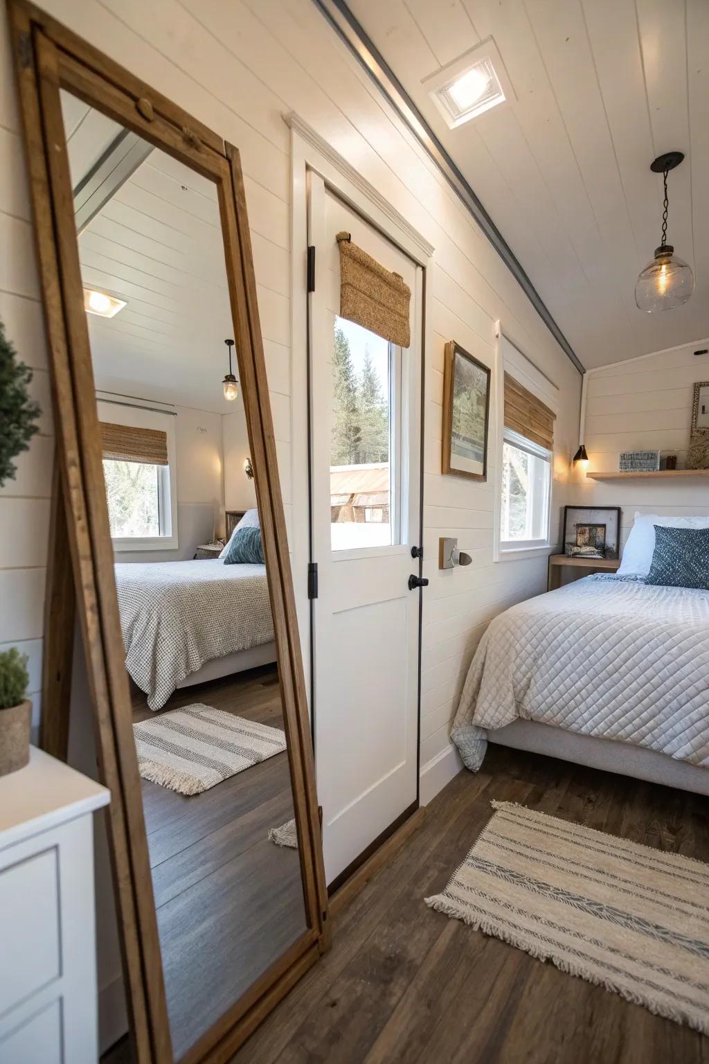 Mirrors cleverly used to make the small sleeping space seem bigger.
