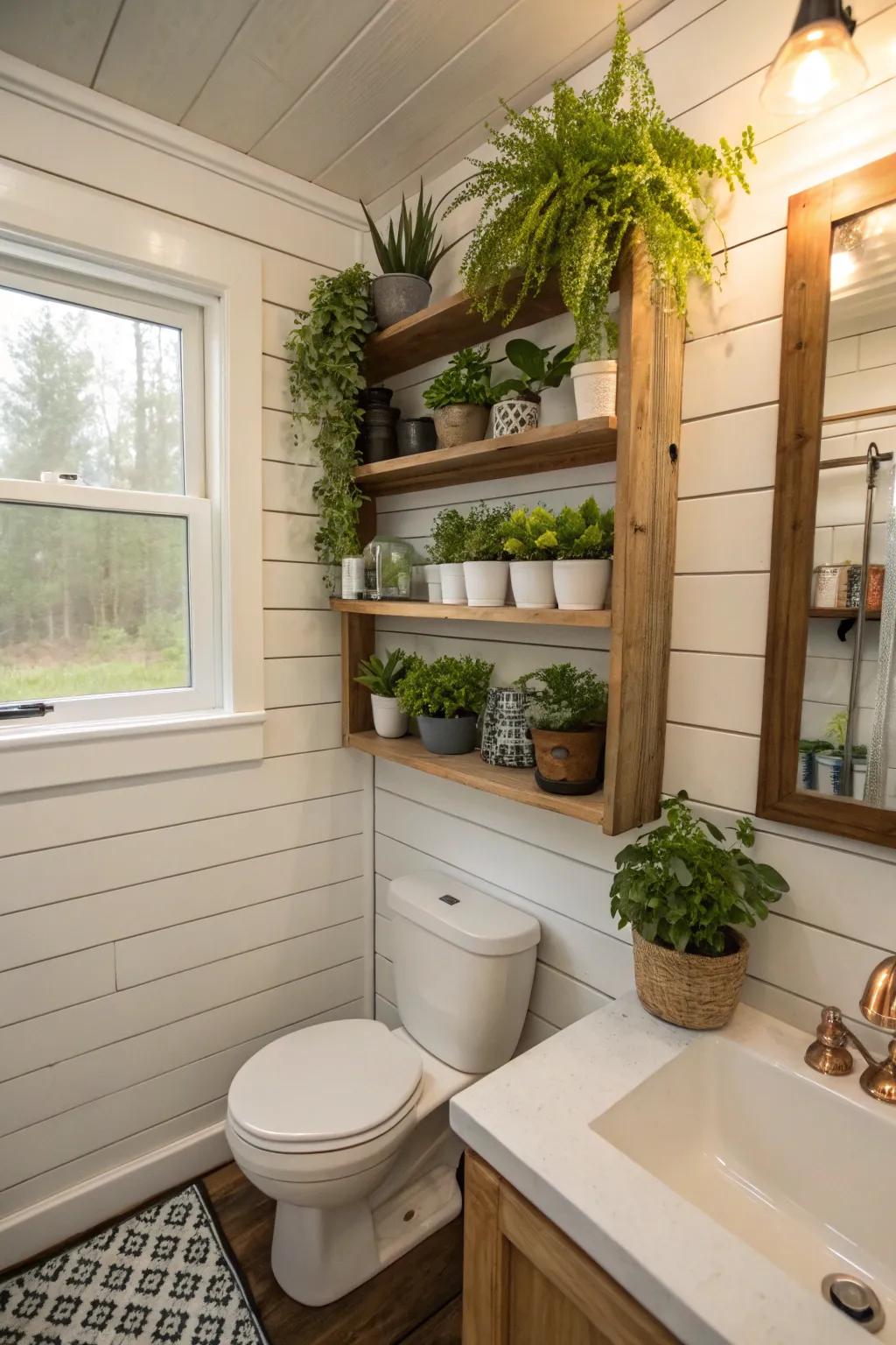 Greenery brings life and freshness to this compact bathroom.