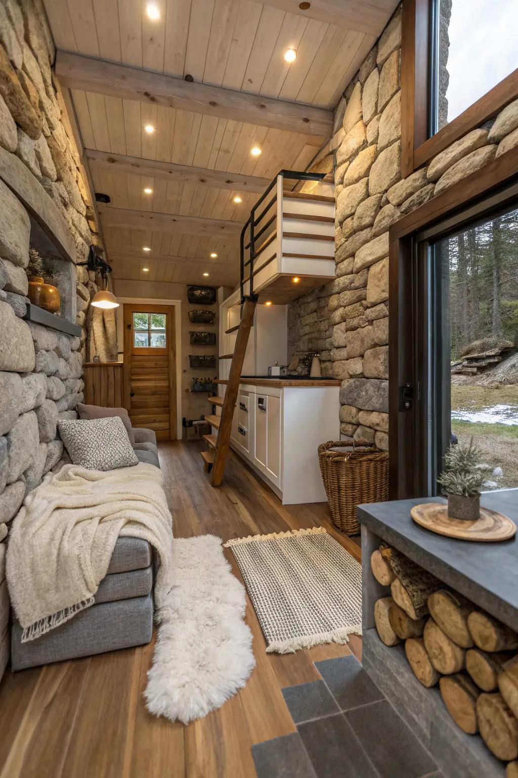 Natural components like stone and wool enhance the warmth of this tiny house.
