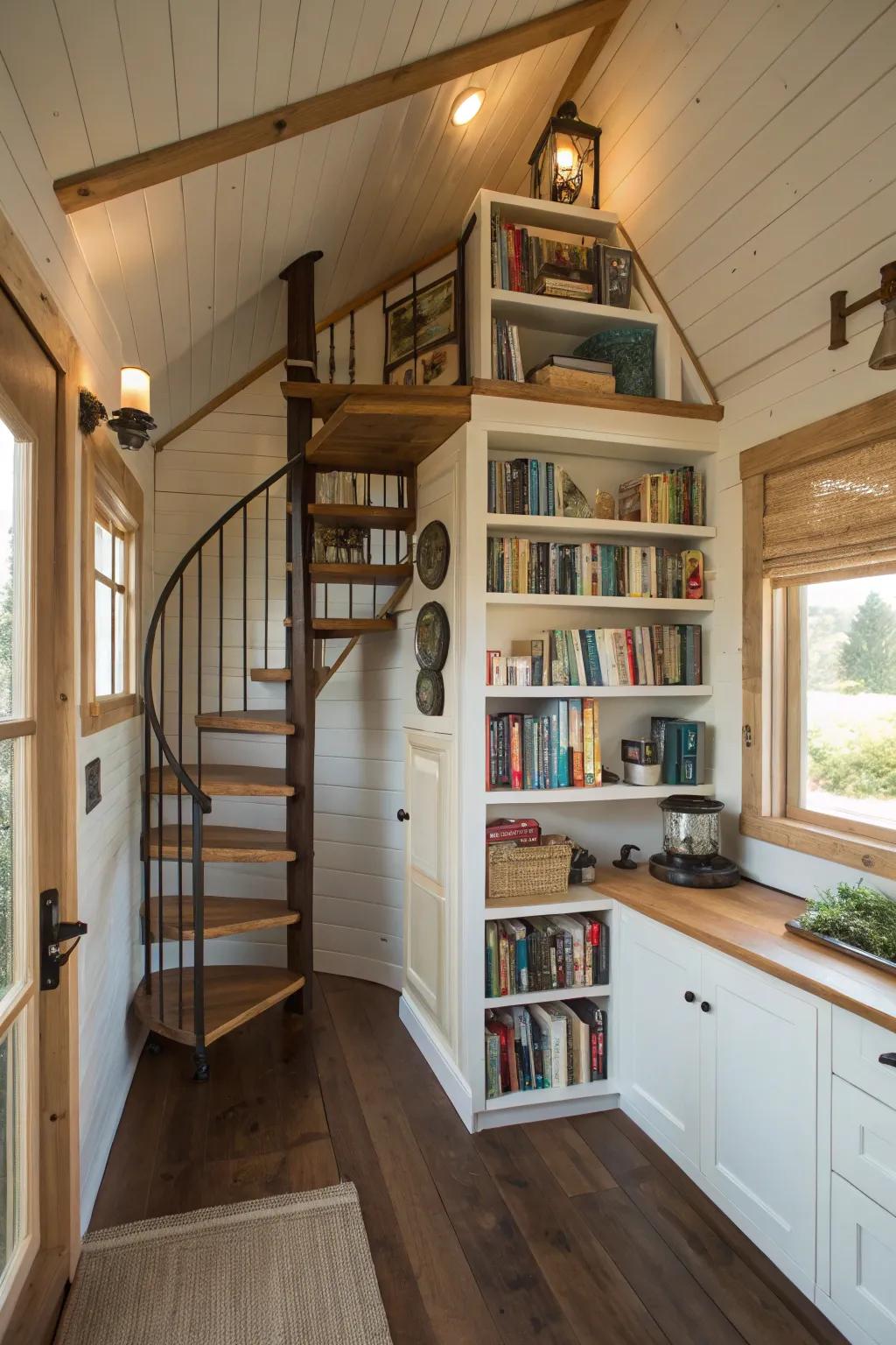 Spiral staircase featuring built-in storage in a petite home