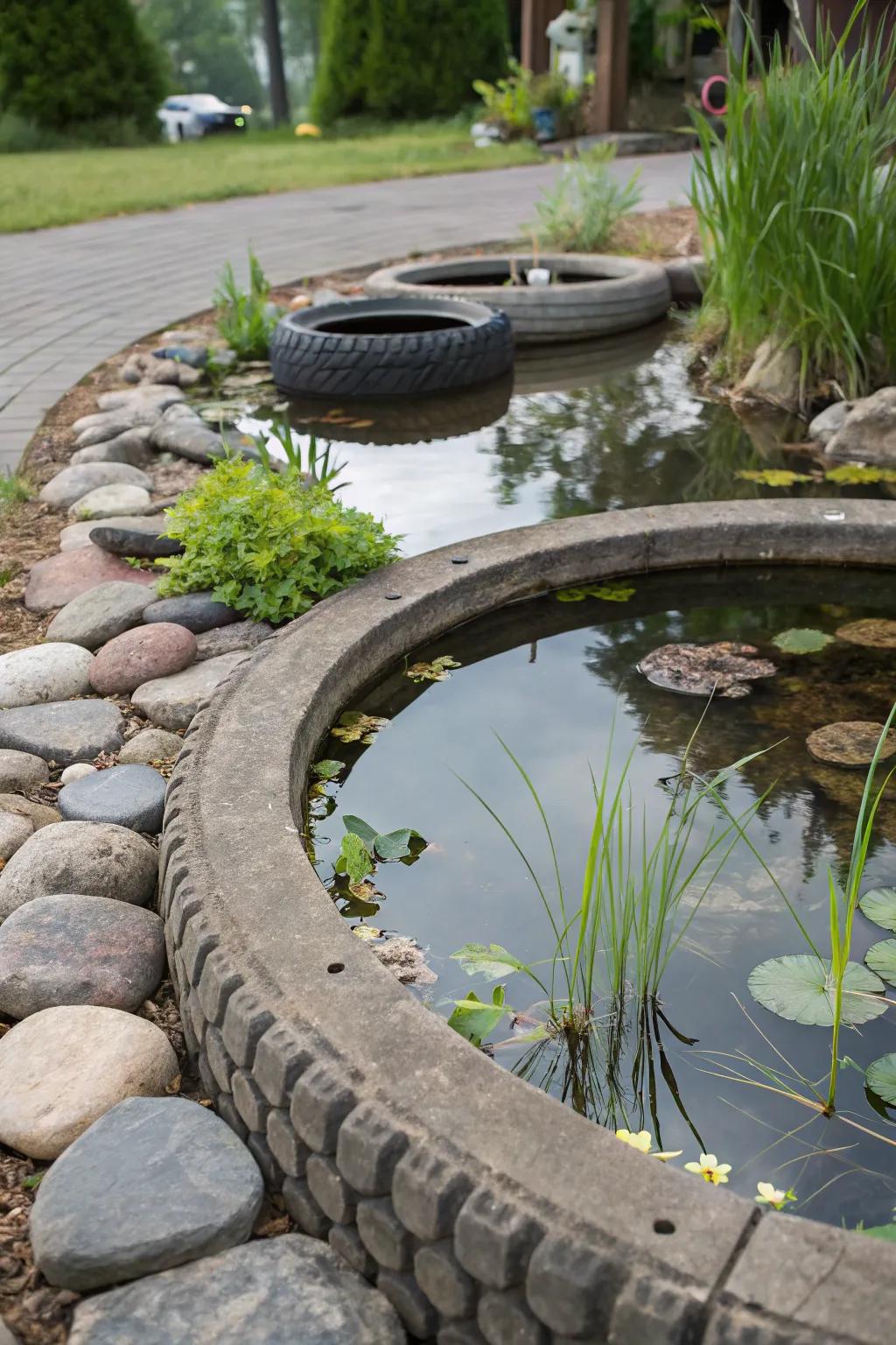 A concrete-encased tire pond, which ensures enduring sturdiness.