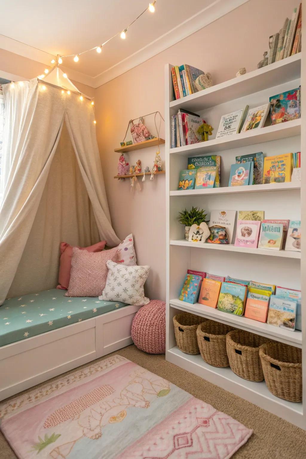A perusal nook fosters a love for books.