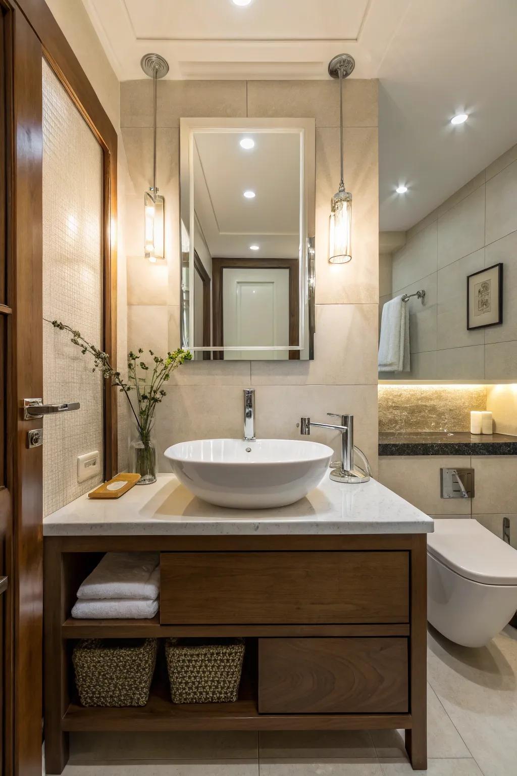 Fashionable and extraordinary fixtures enhancing a restroom.