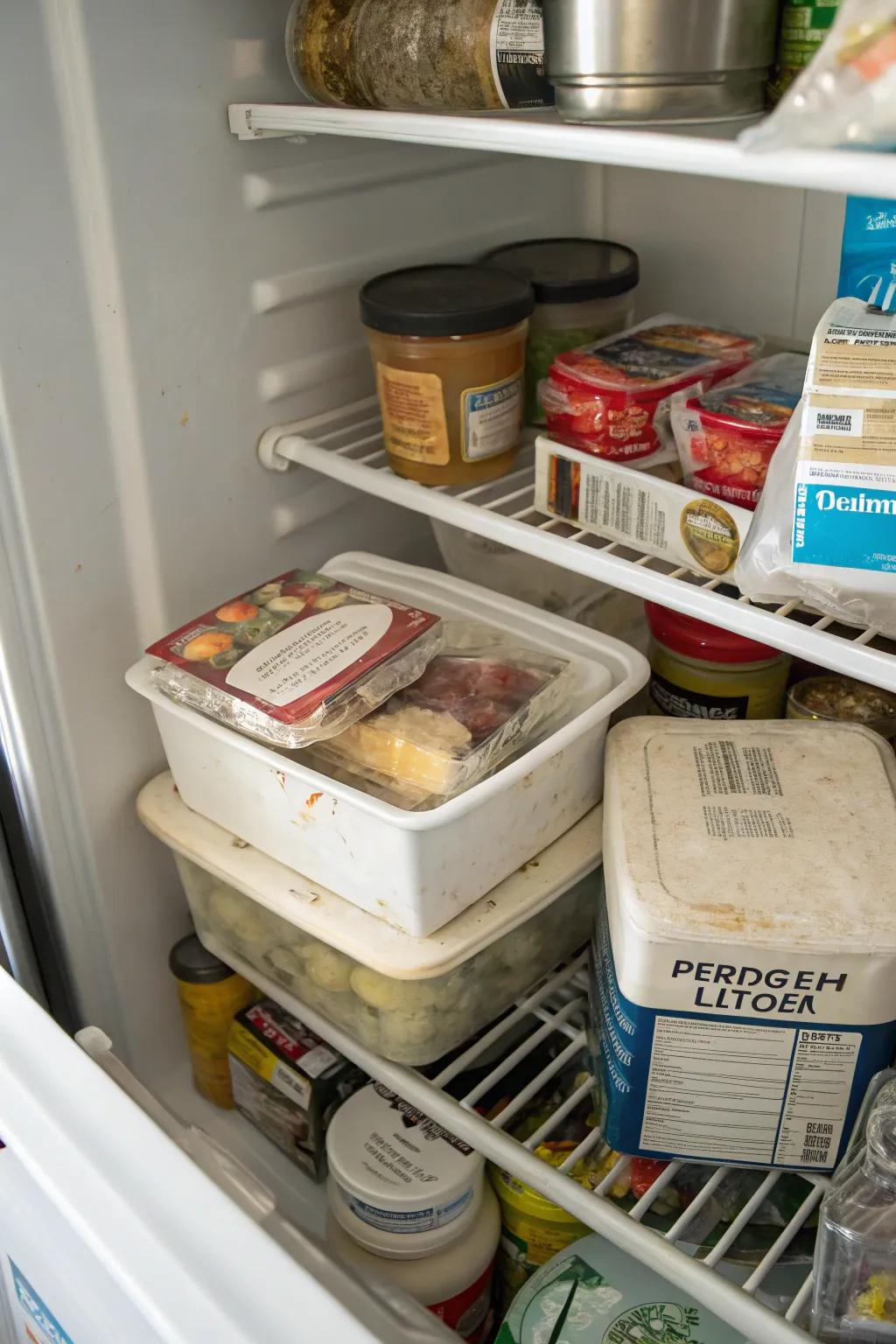 Sorted items inside a top freezer, with older goods positioned at the front for straightforward access.
