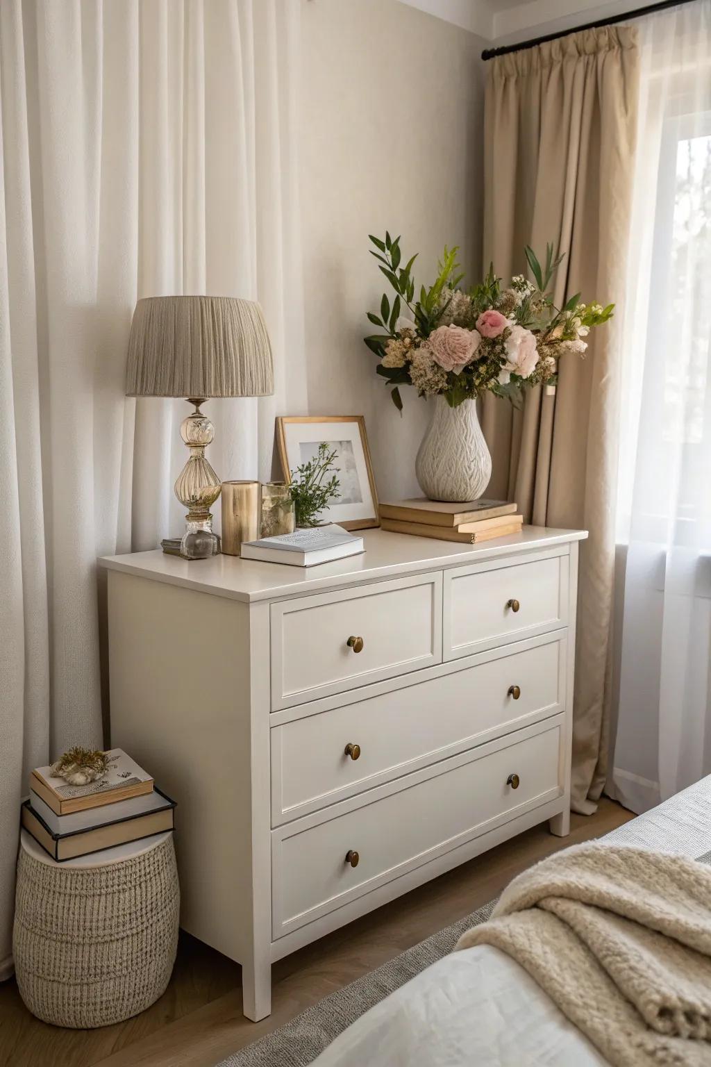 A neutral color scheme cultivates a peaceful dresser environment.
