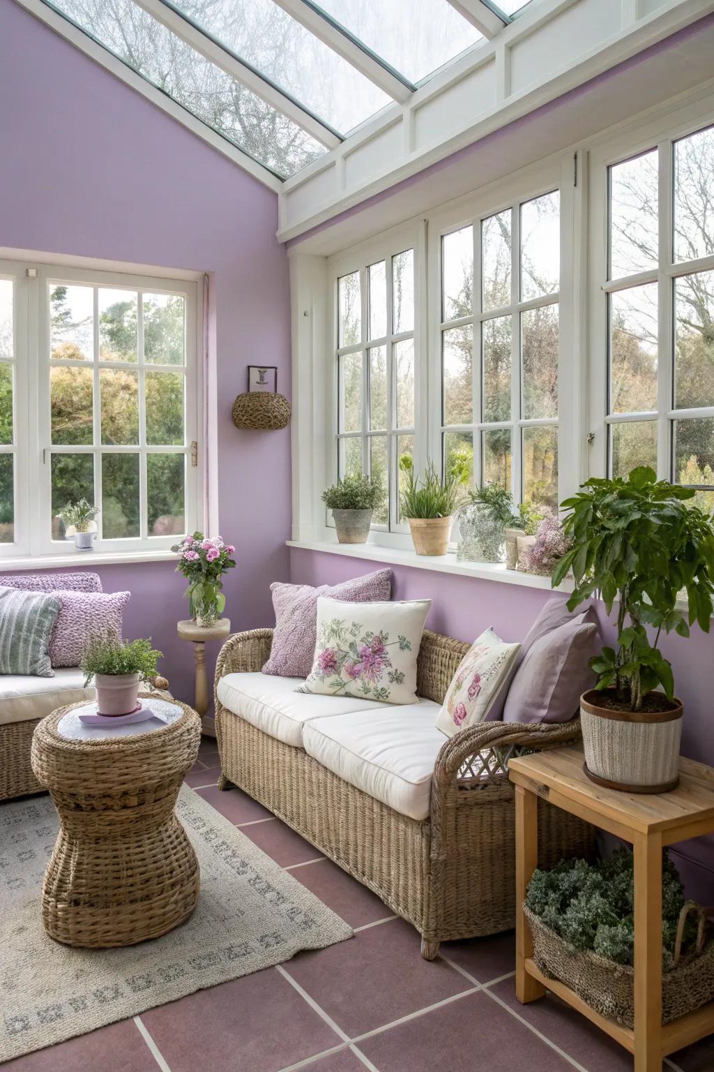Lilac walls adding a serene and whimsical charm to the sunroom.