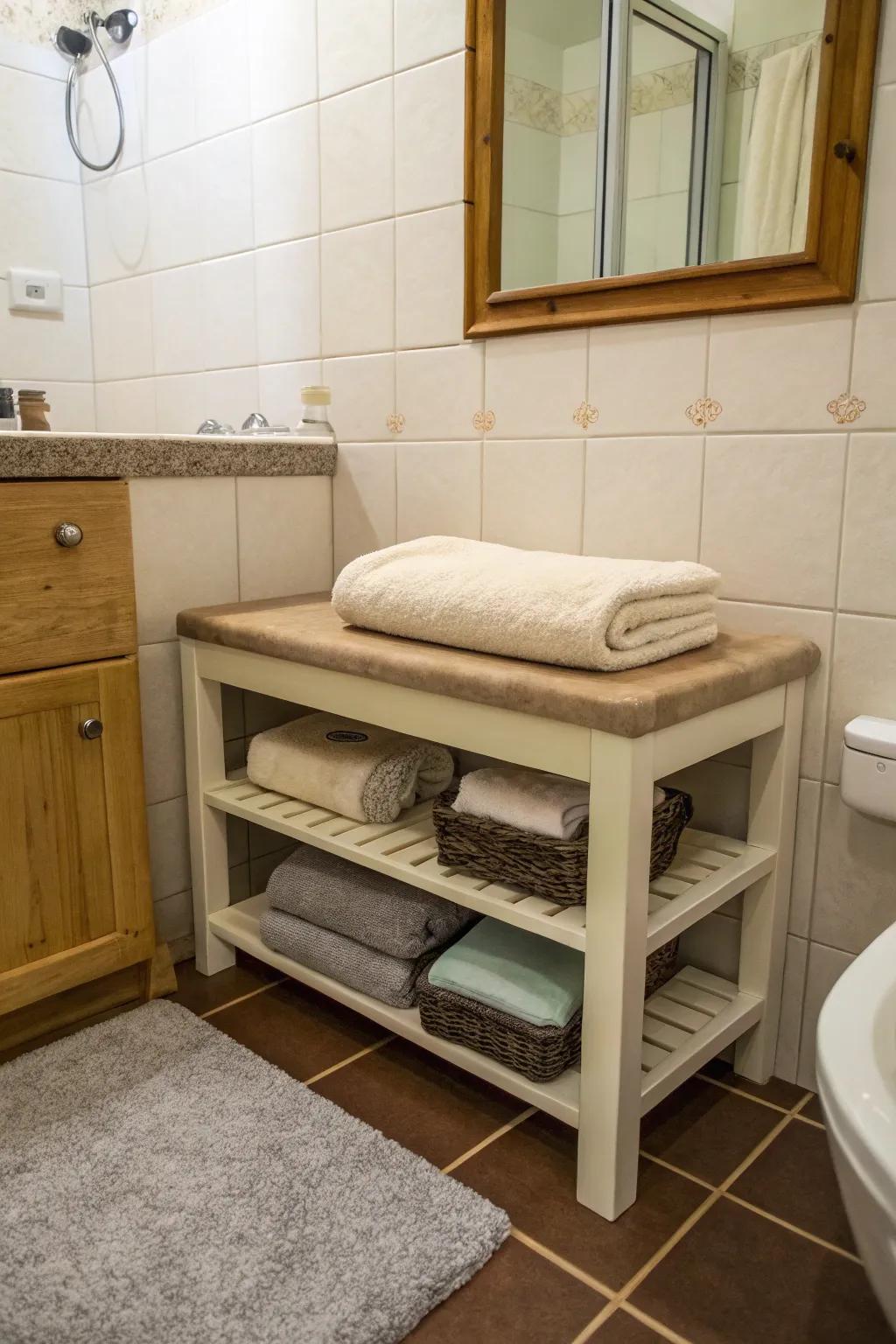 Small furniture gives storage that does two things at once in small bathrooms.
