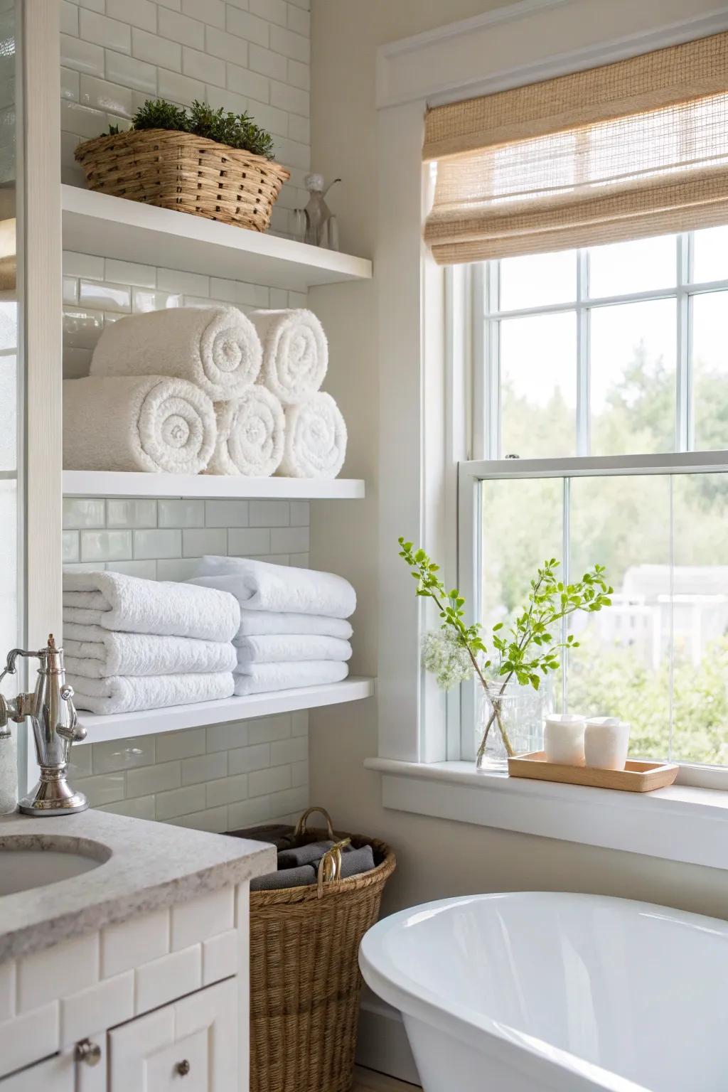 Above-window shelves present unexpected storage opportunities.