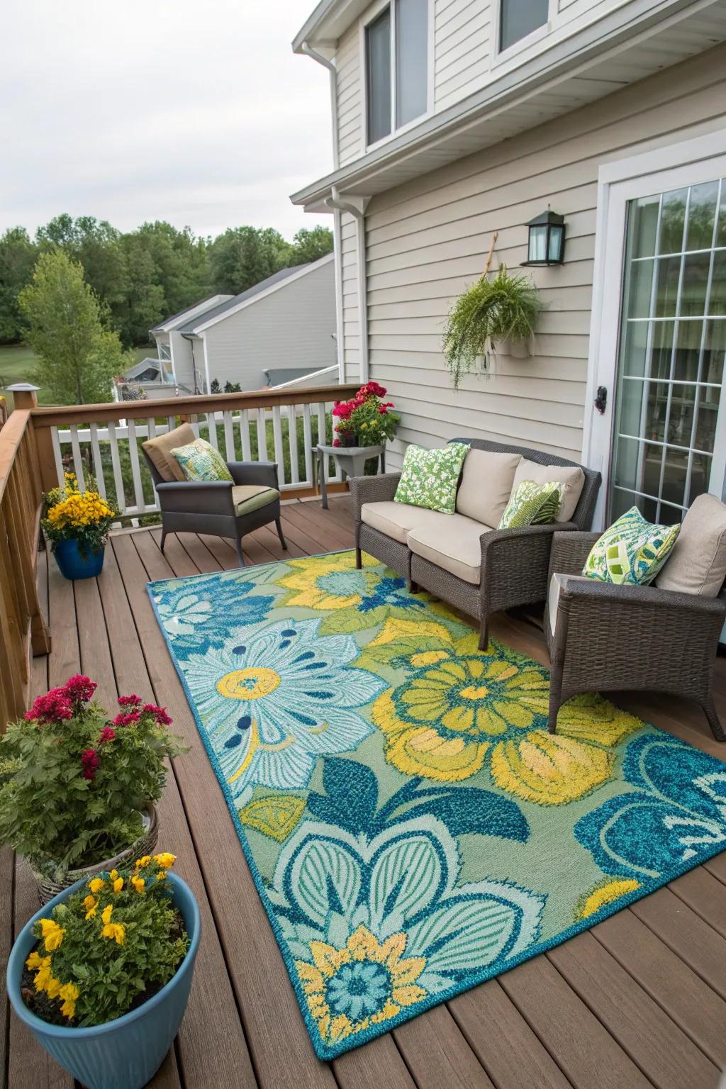 Outdoor floor coverings deliver fashion and comfort, causing your deck to feel like an extension of your house.