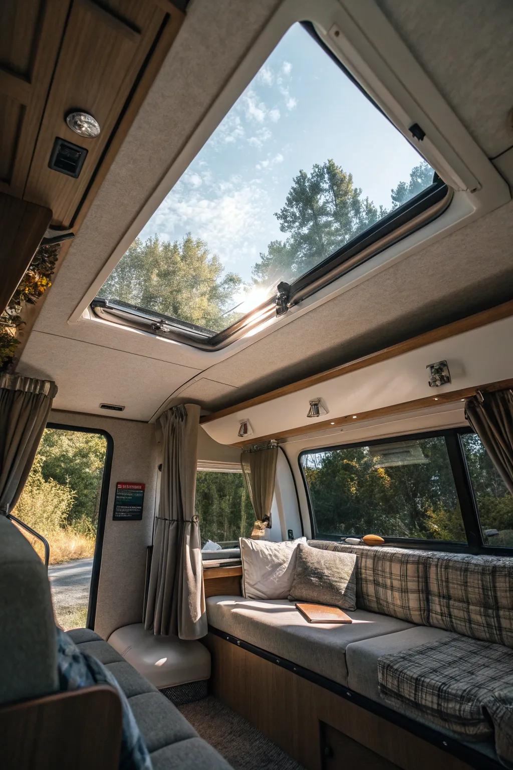 A camper with a skylight, enhancing natural light and providing beautiful exterior vistas.