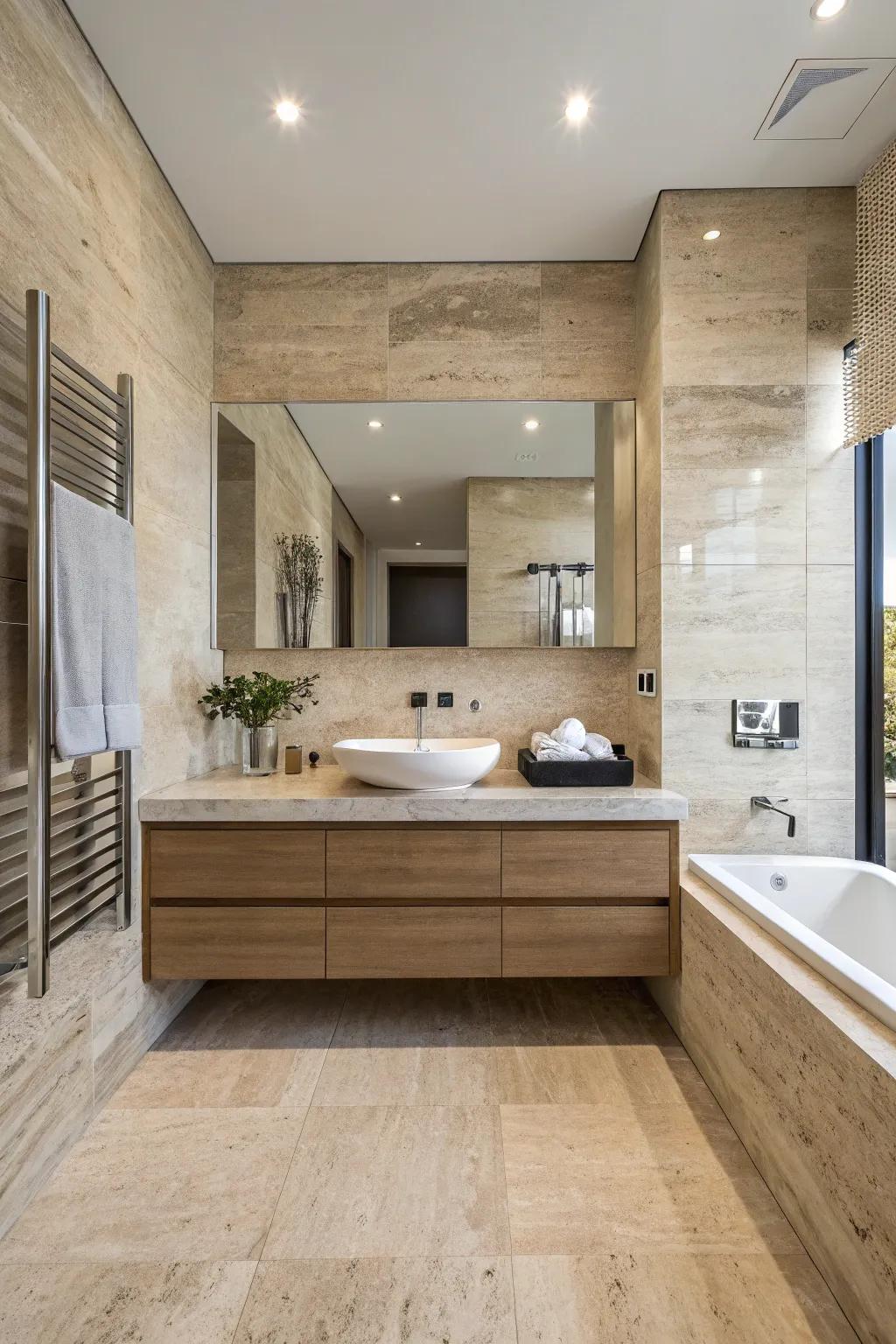 A modern travertine bathroom showcasing a sleek floating vanity.