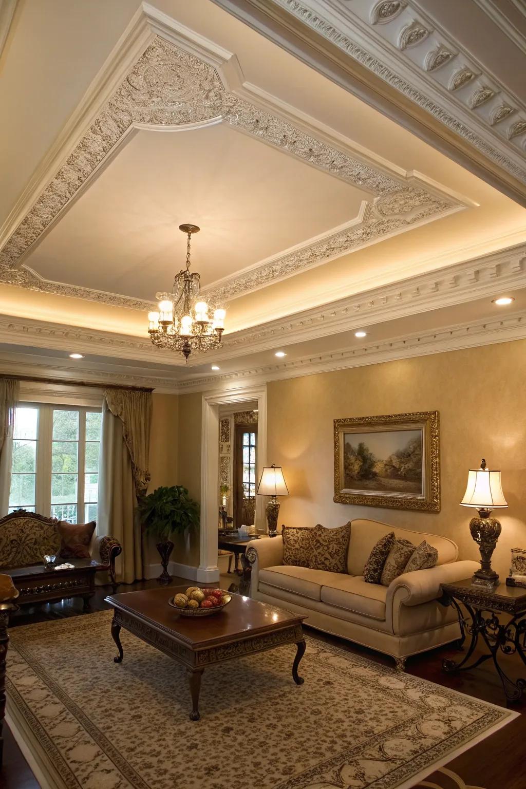A living room showcasing the elegance of a tray ceiling with ornate crown molding.