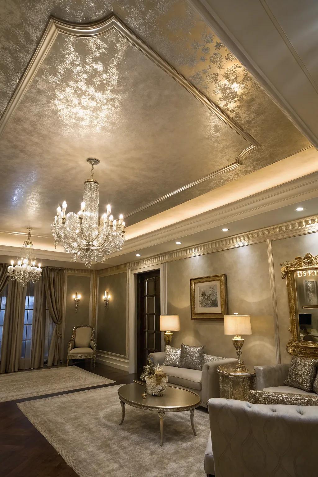 A glamorous room featuring a tray ceiling with metallic paint.