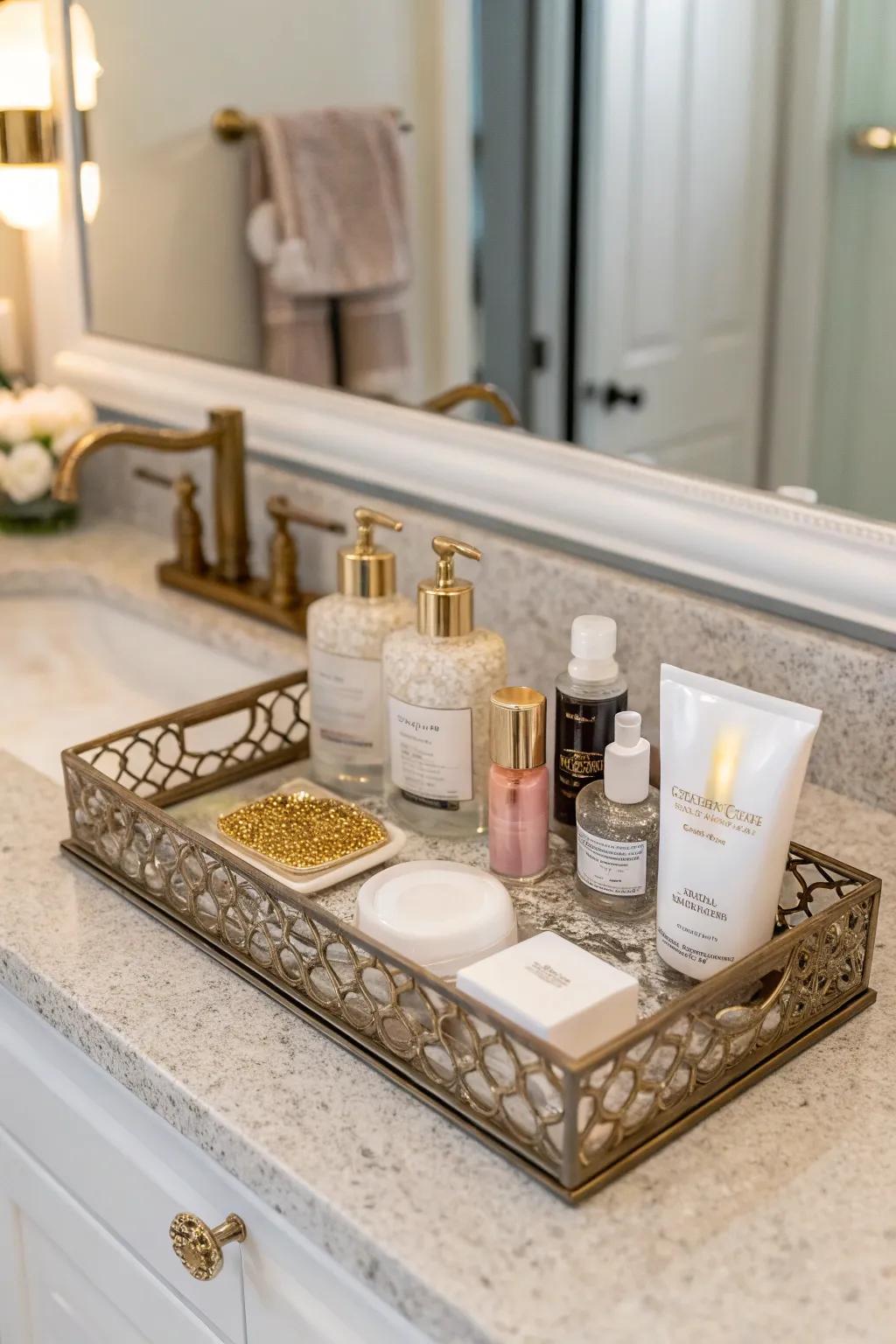An organized lavatory vanity displaying opulent details.
