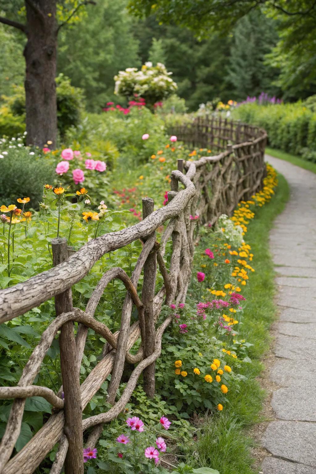 Braided branches create a whimsical and artistic garden fence.
