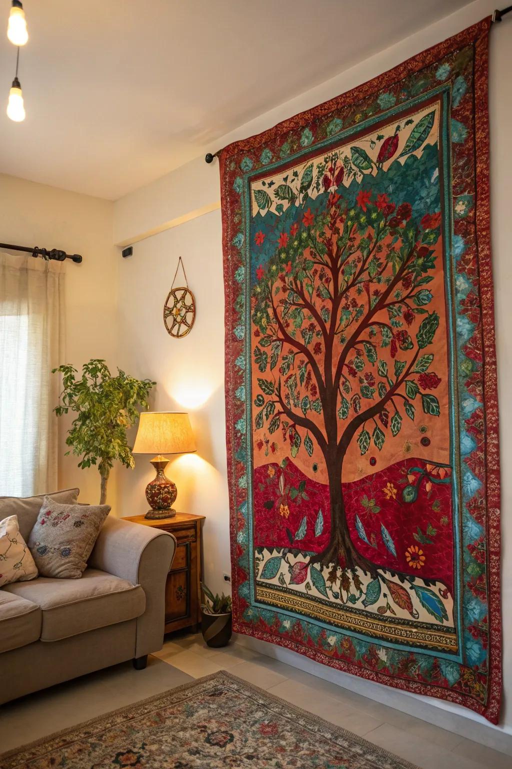 Vibrant Arbor Vitae tapestry enlivens a family room wall.