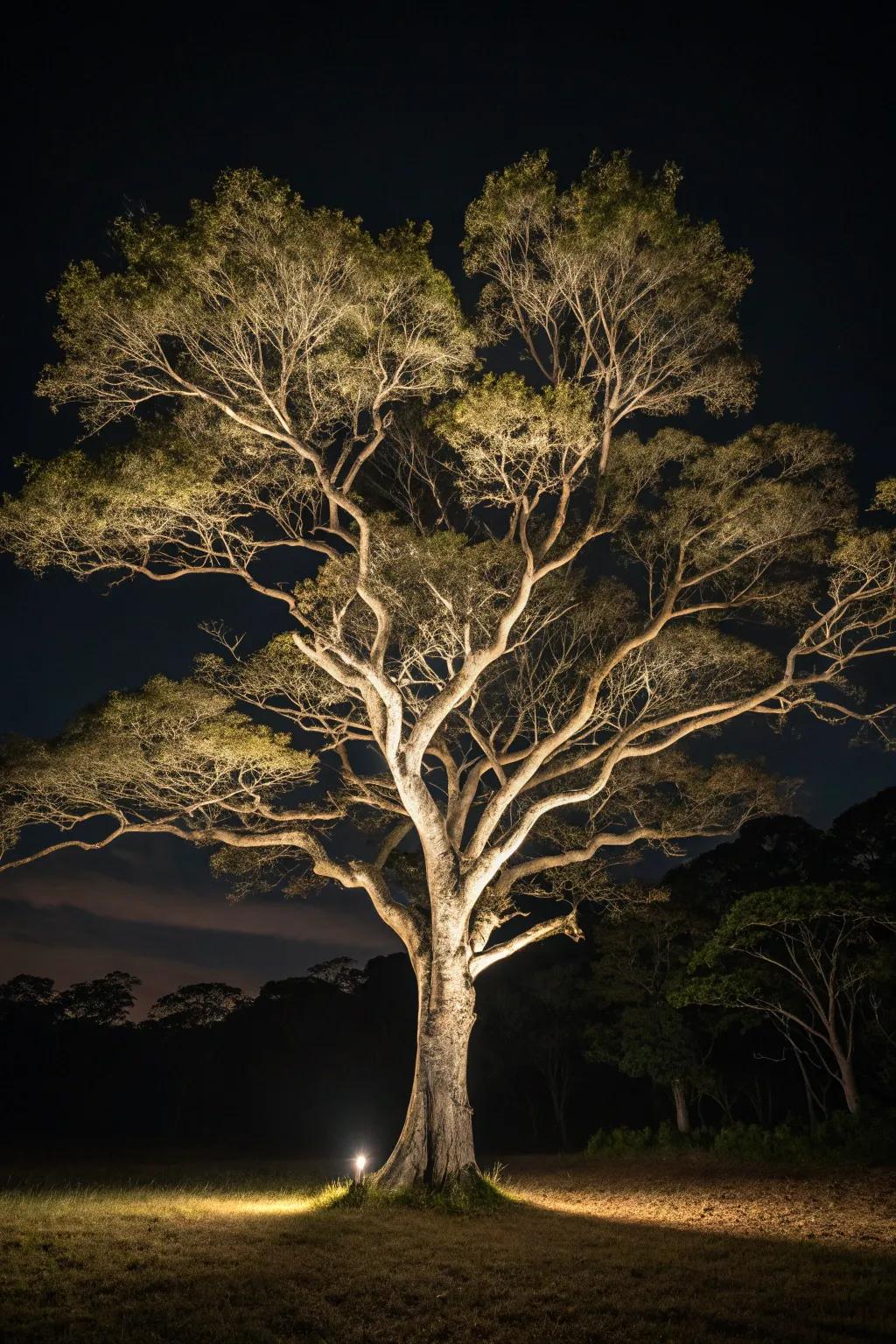 Skyward lighting enhances the inherent beauty of garden trees.