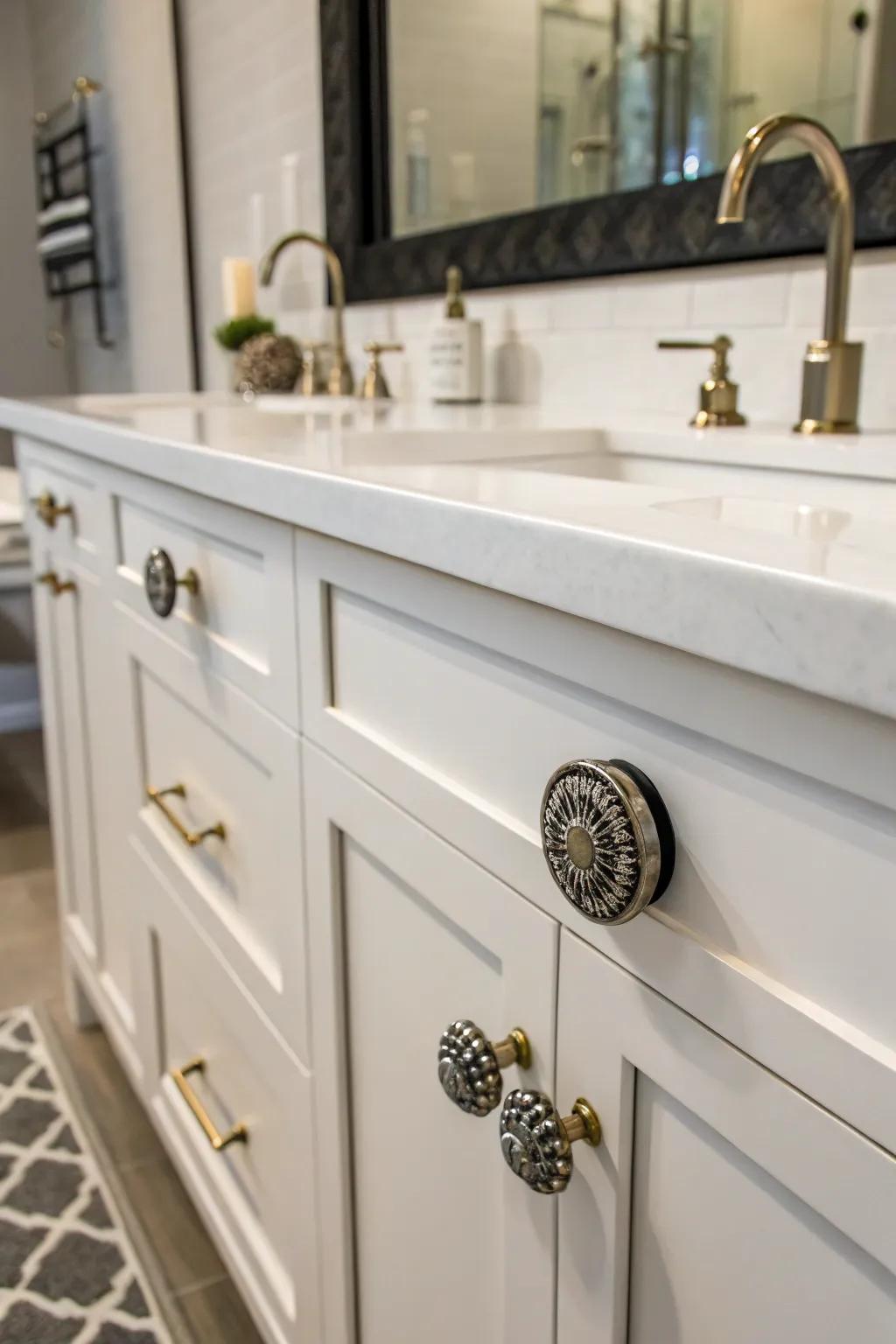 A bathroom vanity showcasing unique hardware for a personal touch.