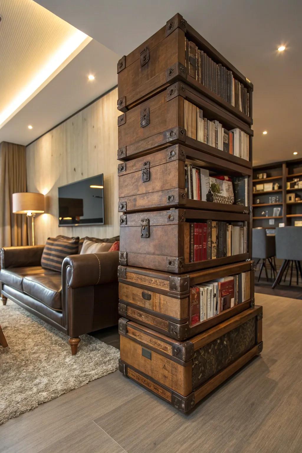 Stacked trunks forming a unique bookshelf, infusing the room with distinct personality.