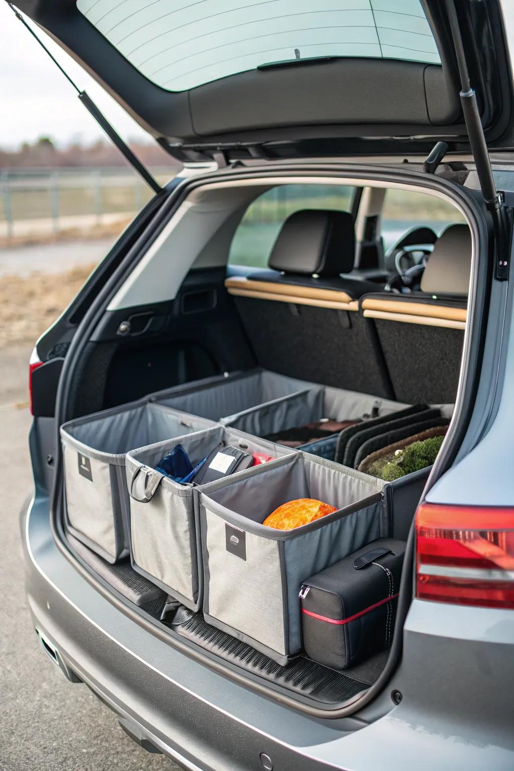 Foldable storage options provide versatile trunk organization.