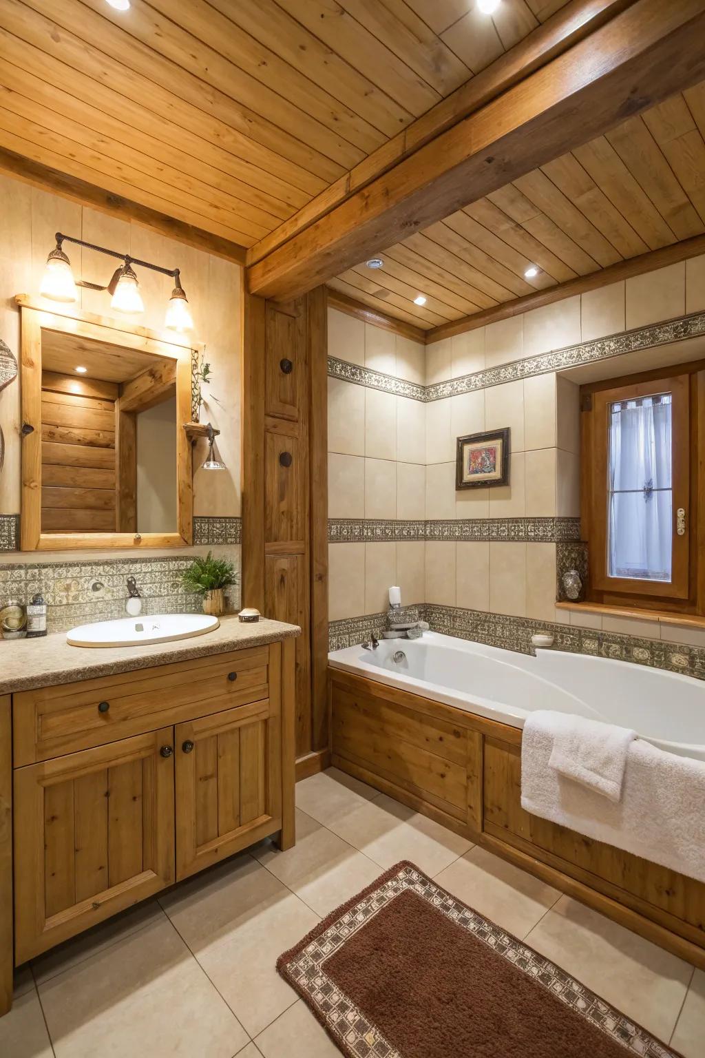 Inviting wood accents soften the appearance of a modern tub-in-shower bathroom.