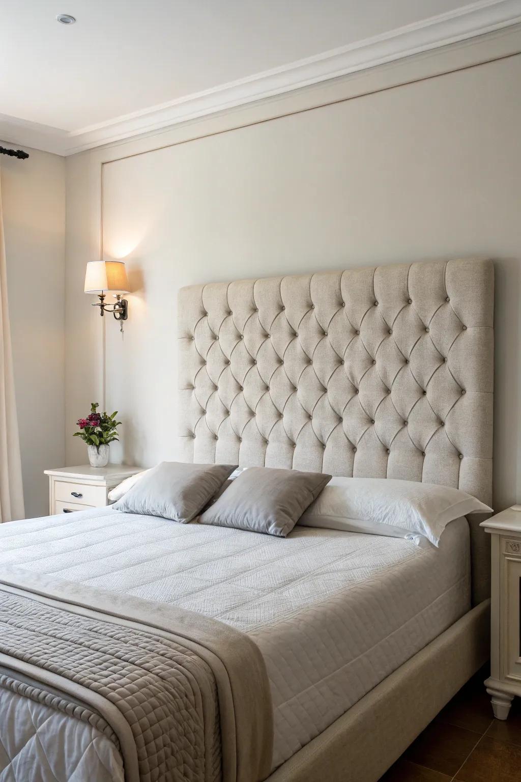 A minimalist bedroom features a sleek tufted headboard.