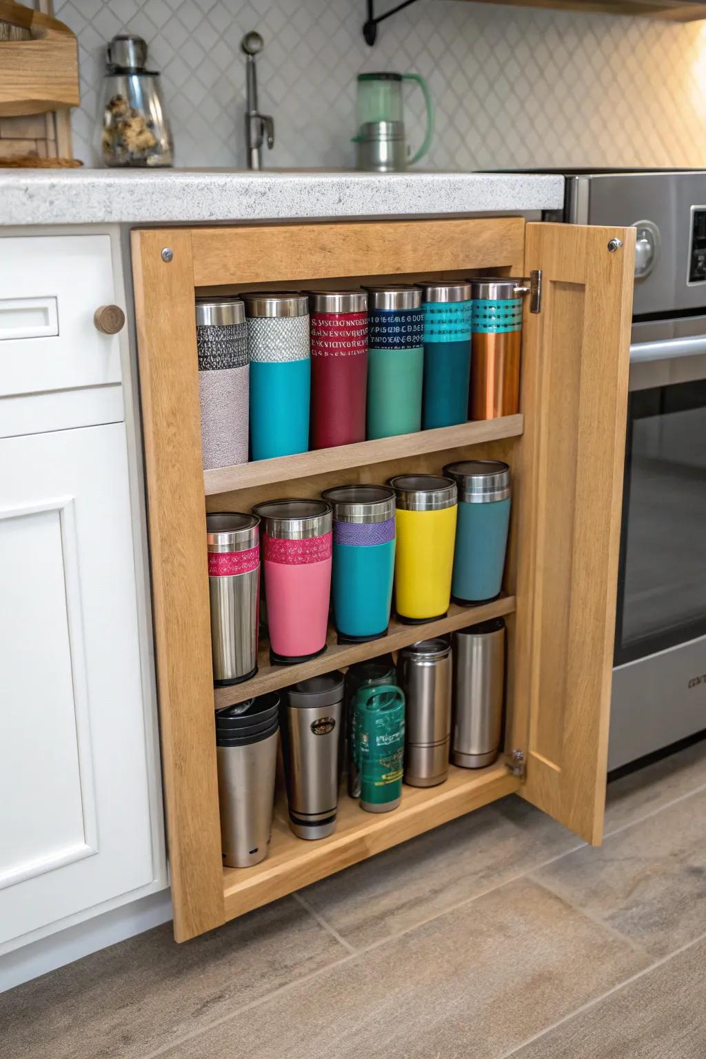 Magnetic attachment organizing tumbler tops.