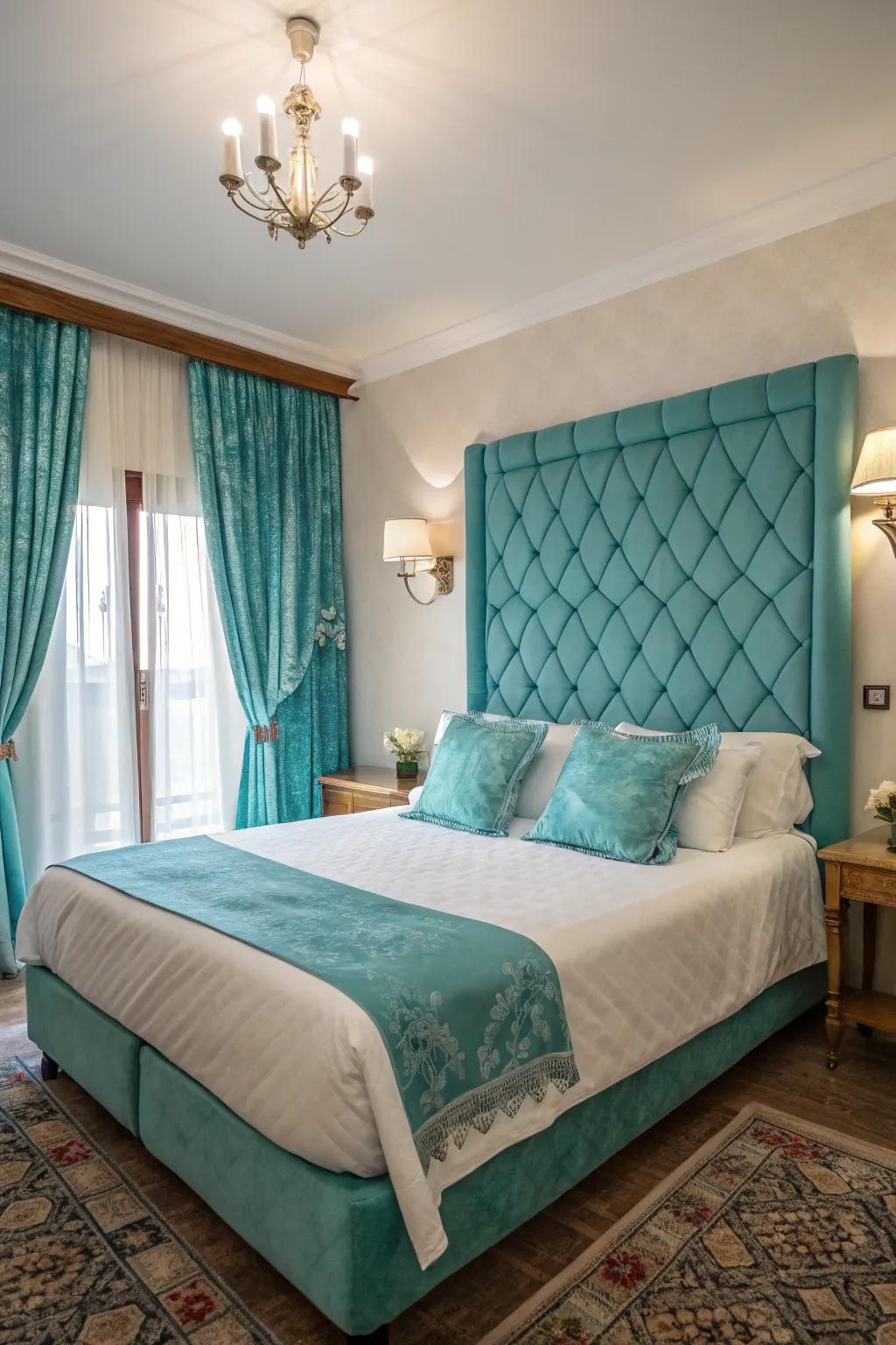 Turquoise upholstery instills a contemporary twist into this classically styled bedroom arrangement.