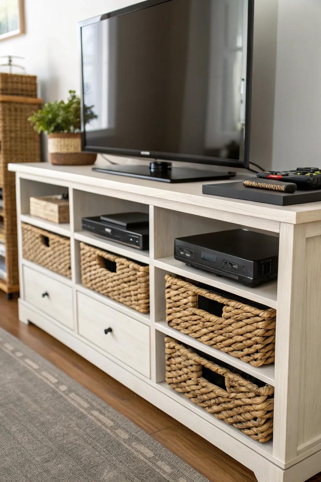 Useful storage with drawers and containers on a media console.