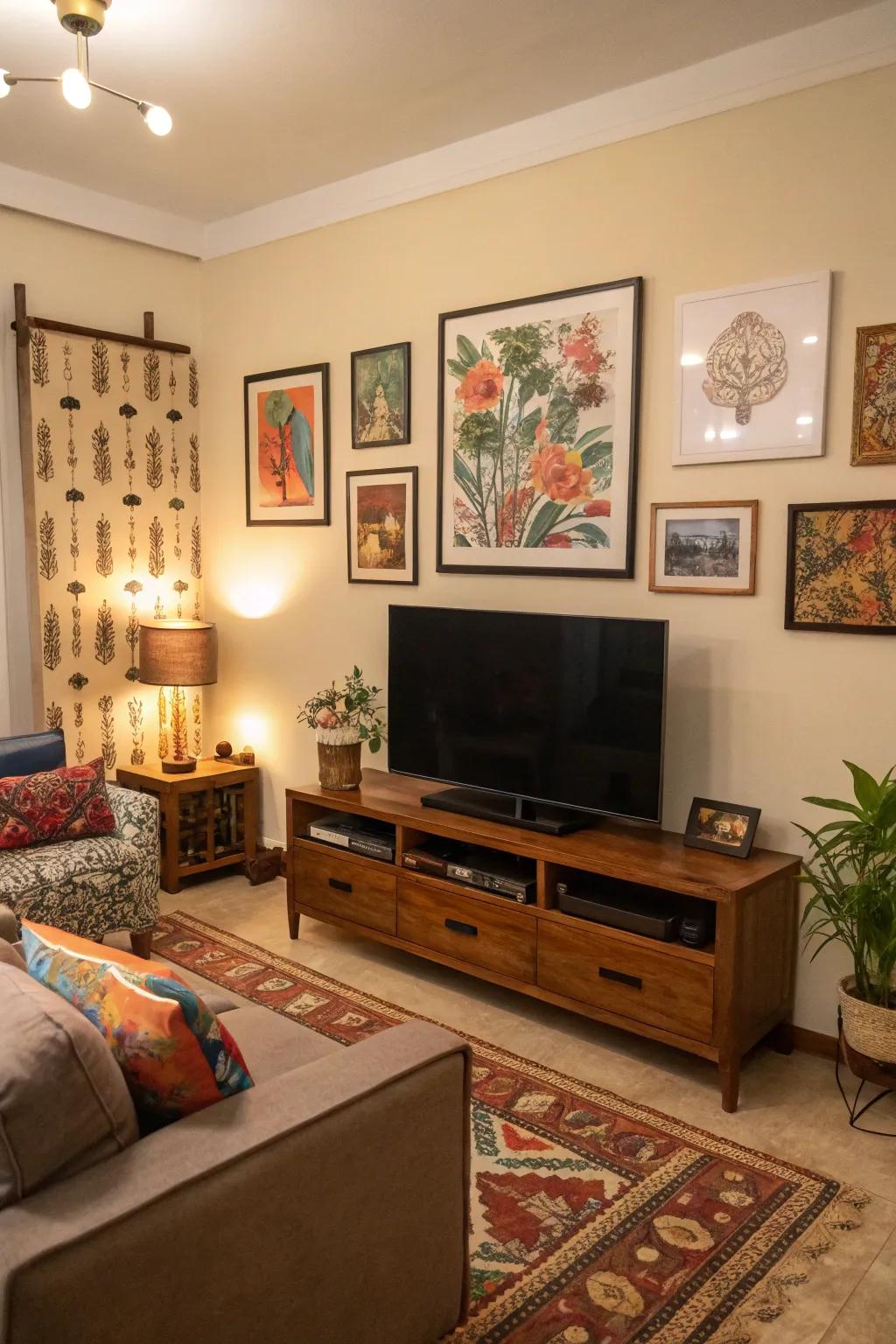 A thoughtfully decorated TV wall featuring curated art pieces.