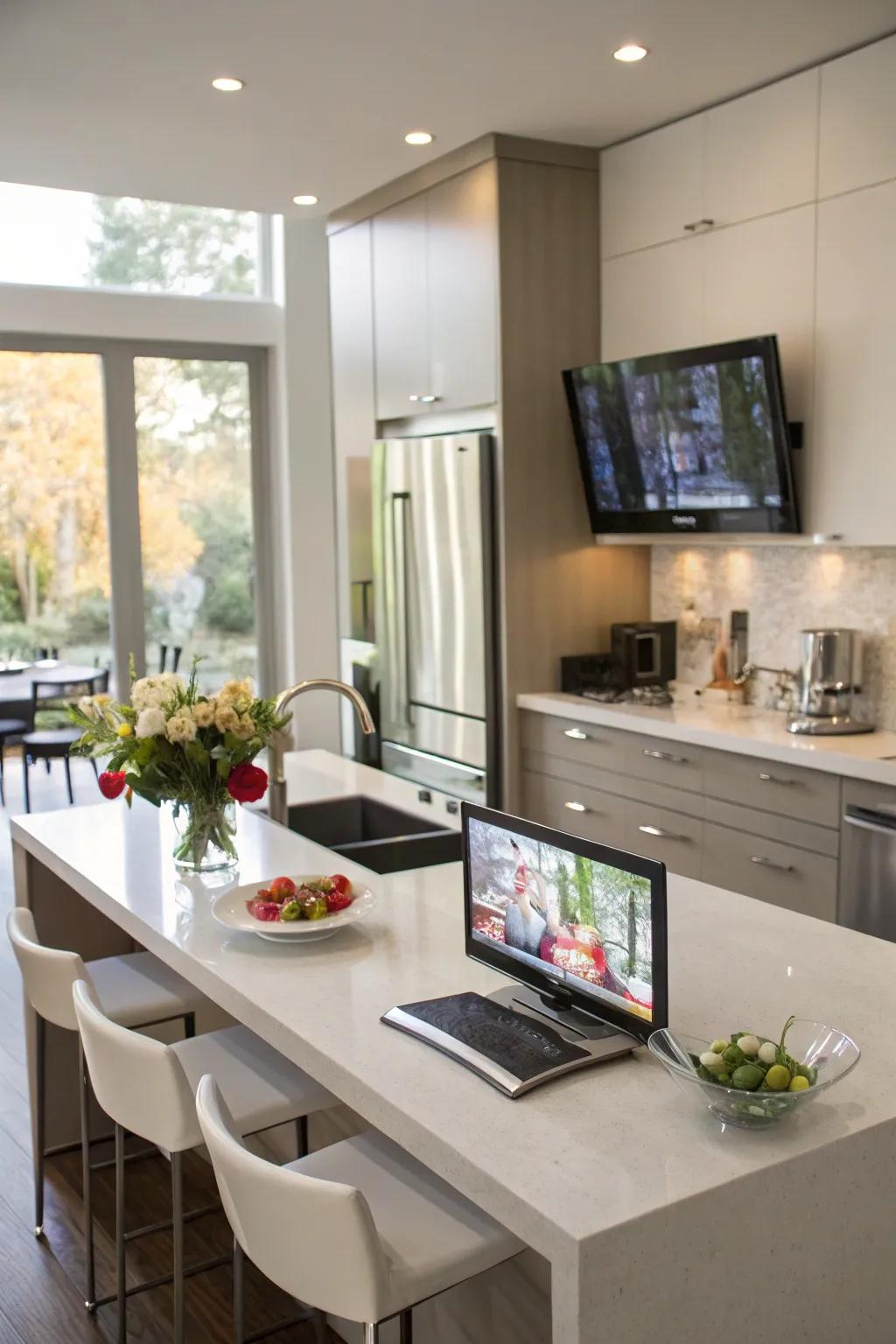 A raising panel display in the cooking area, introducing a modern and tech-savvy element.