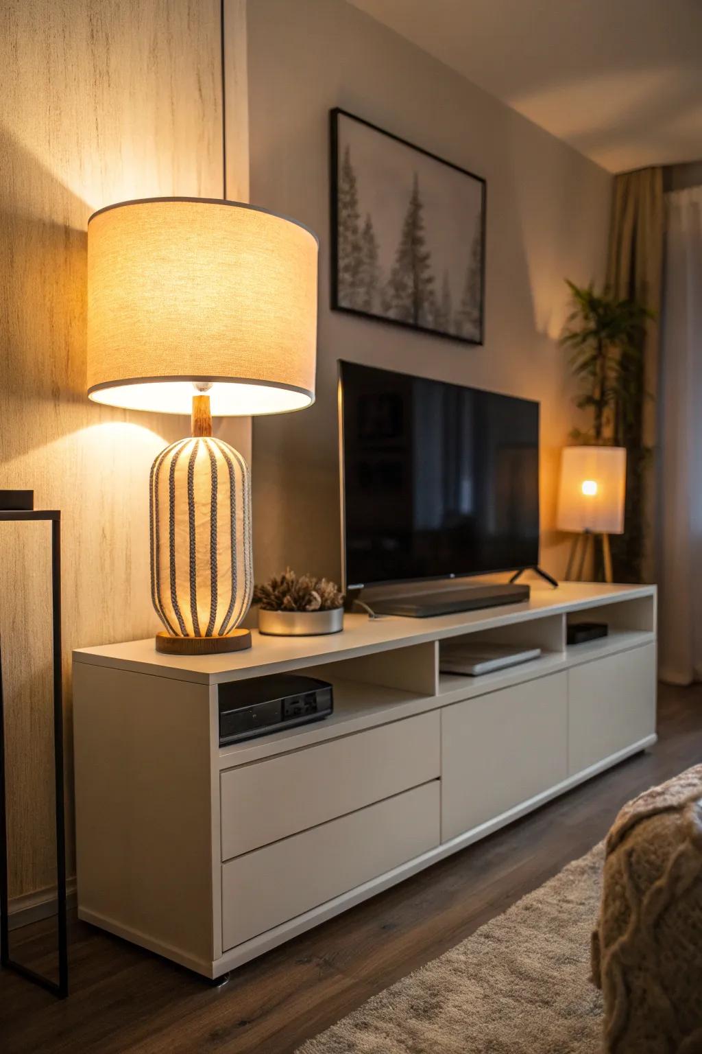 Ambient lighting enhances the warmth of TV stand décor.