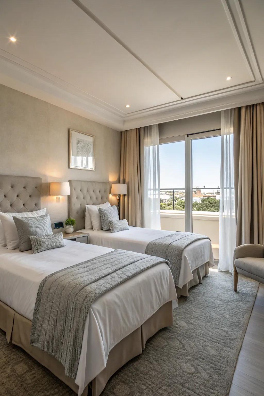 Muted palettes instill calmness and versatility in twin bed layouts.