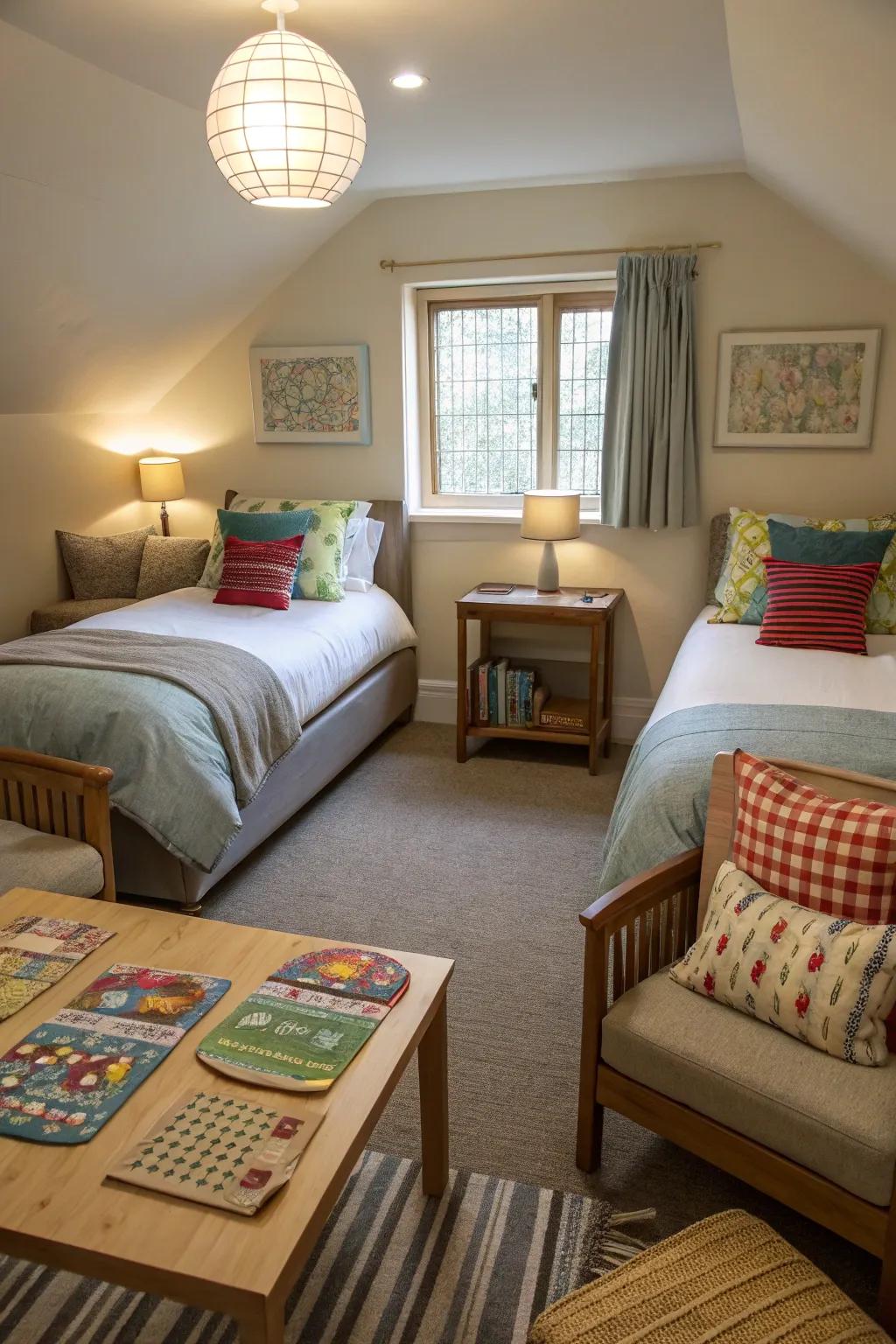 A shared sitting space enhances interaction in the twin room.