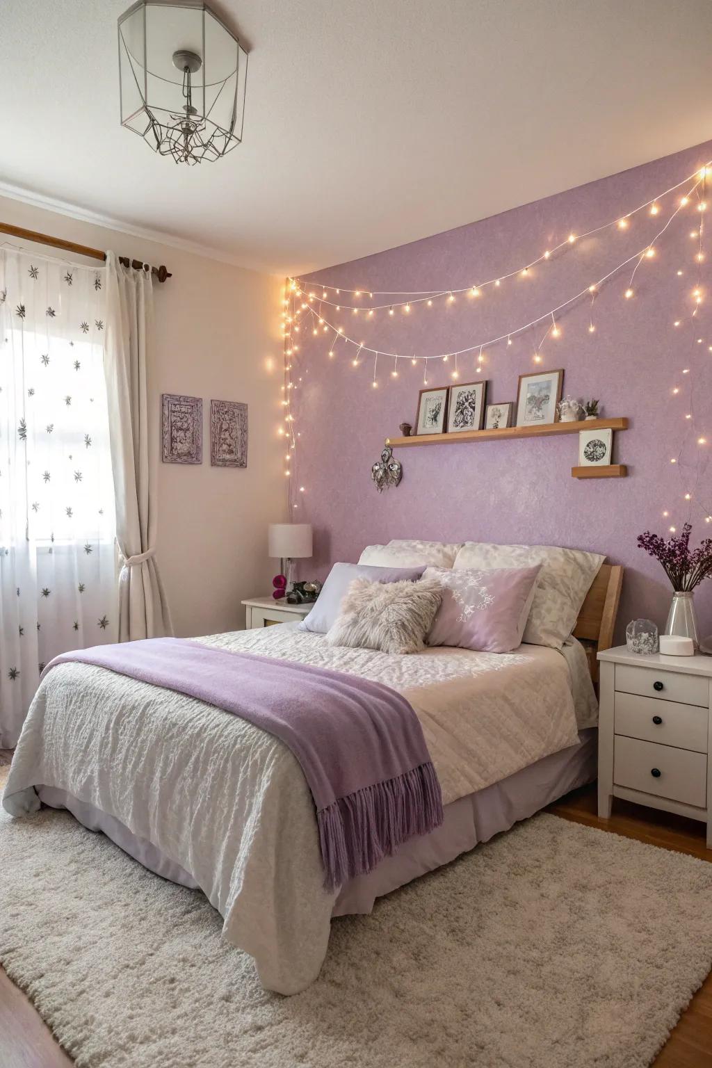 A dreamy bedroom featuring lavender and antique white walls, creating a peaceful retreat.
