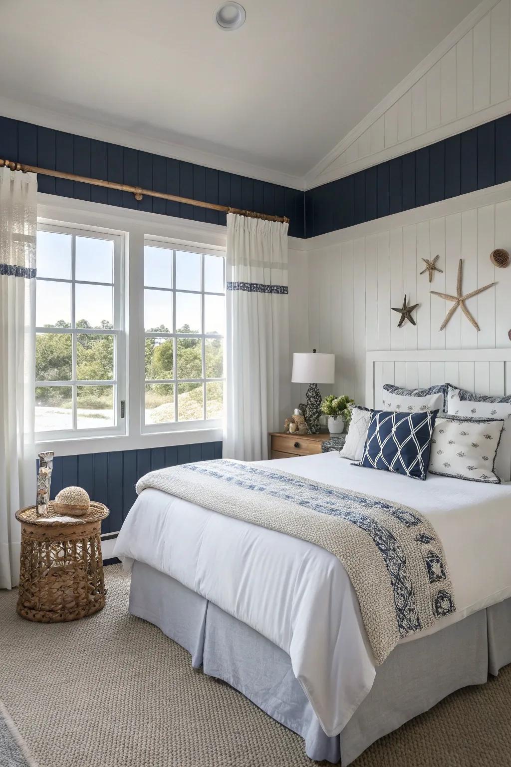 The cerulean and alabaster walls stir a peaceful coastal vibe.