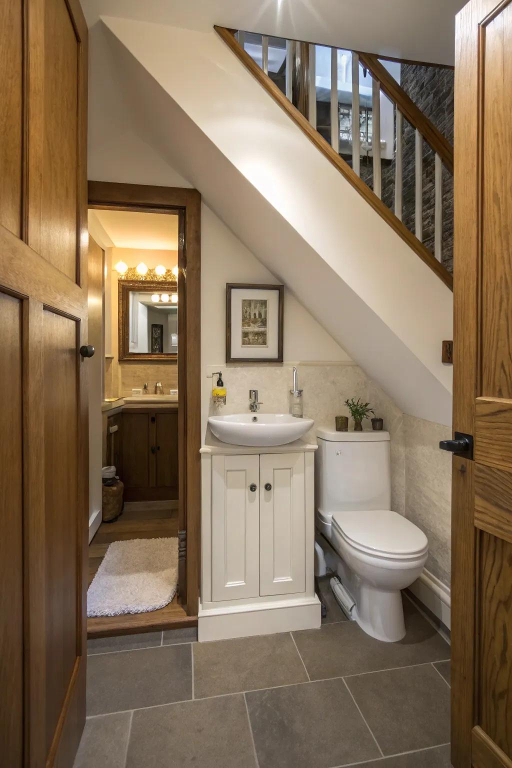 A restroom under the staircase featuring a concealed entryway that blends with the design.