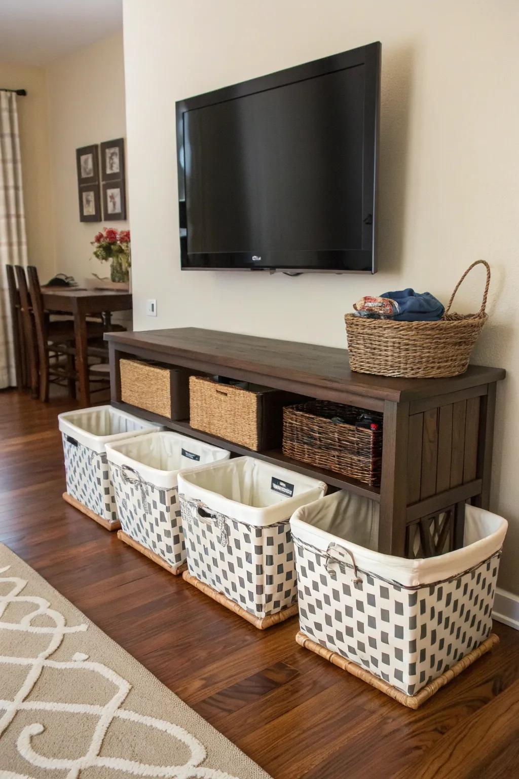 Stow bins beneath your television offer a stylish way to conceal disorder.