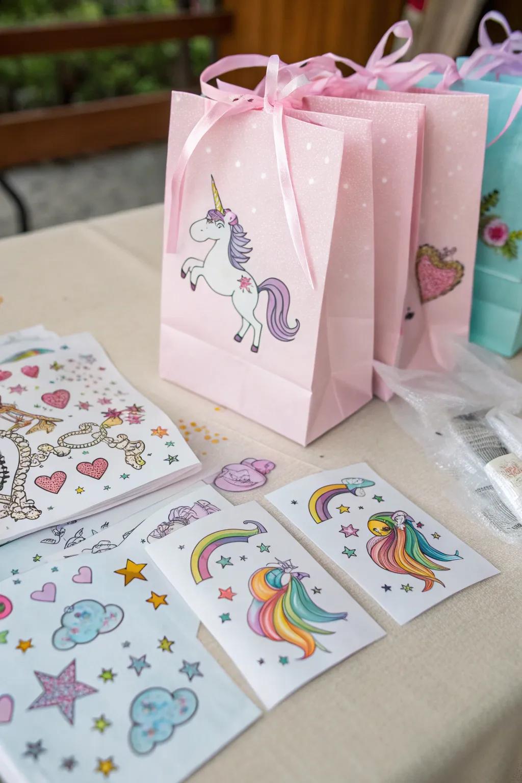 Unicorn treat bags with playful removable skin art.