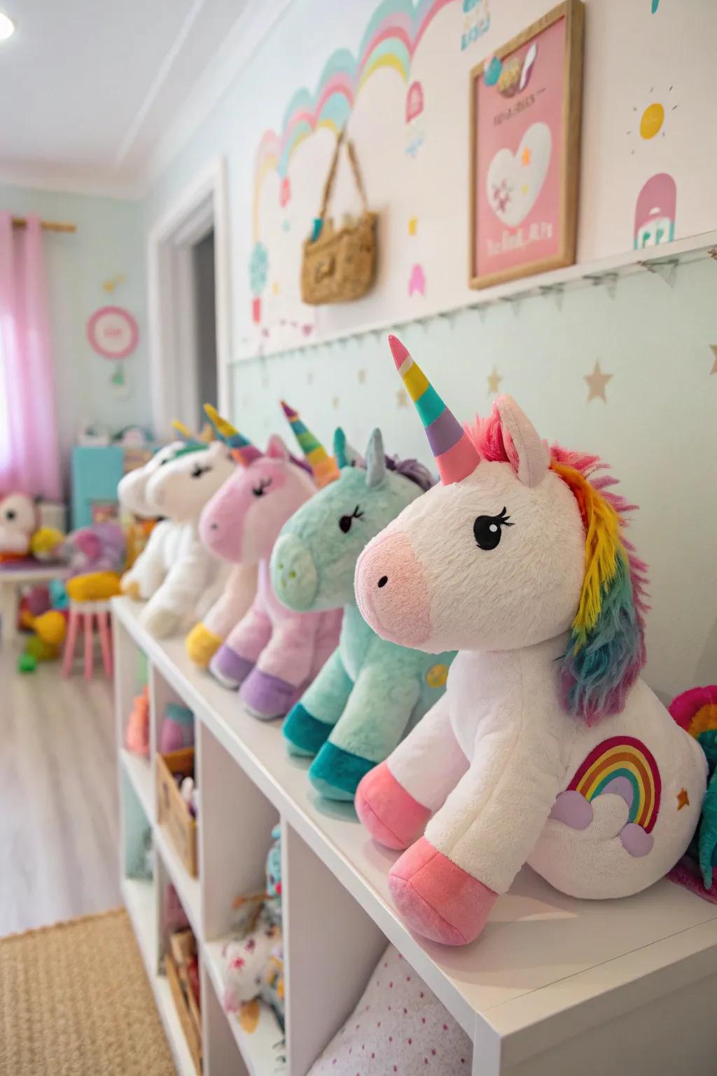 Plush toys add charm and companionship to the room.