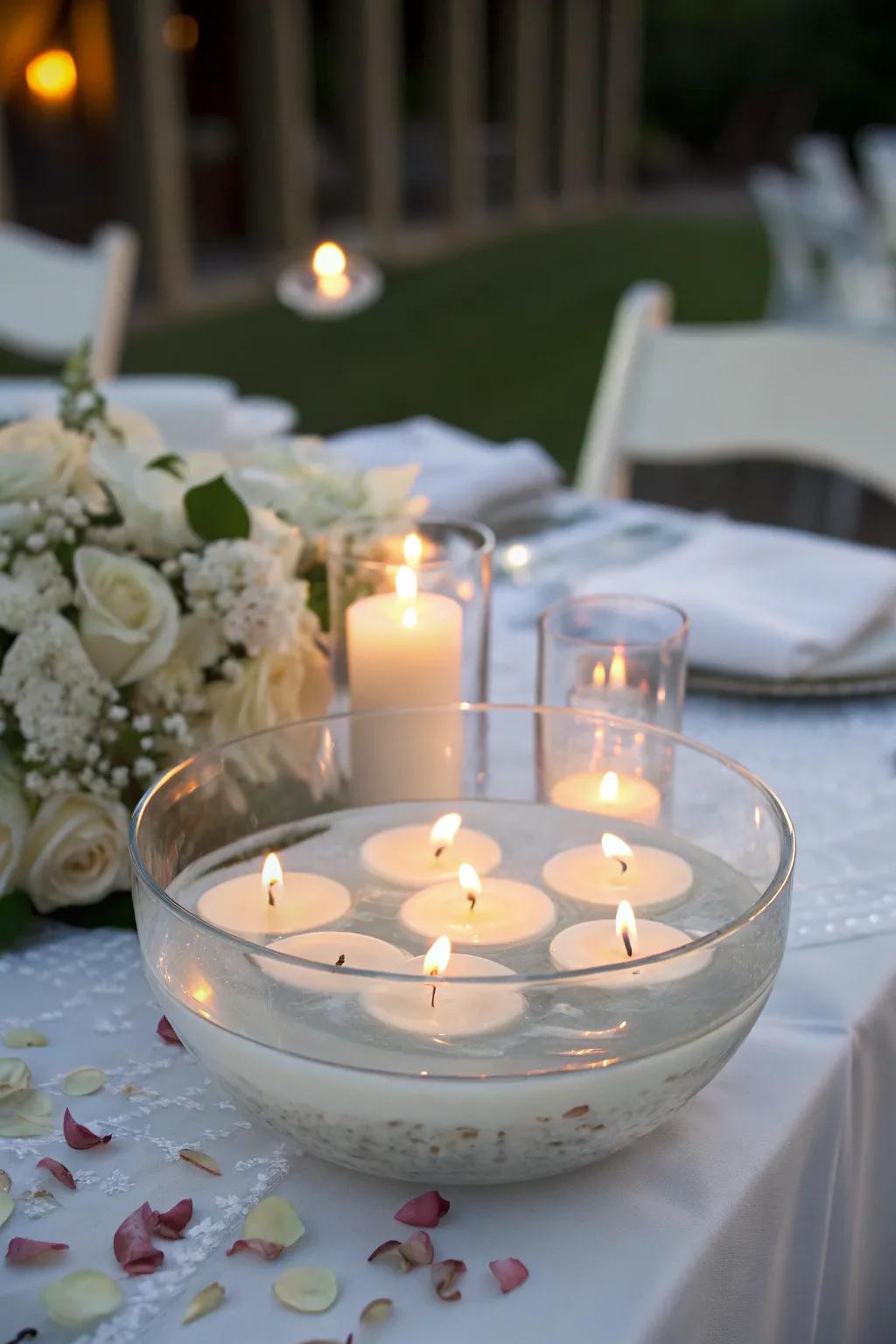Drifting lights introduce an enchanting twist to this unity candle table.
